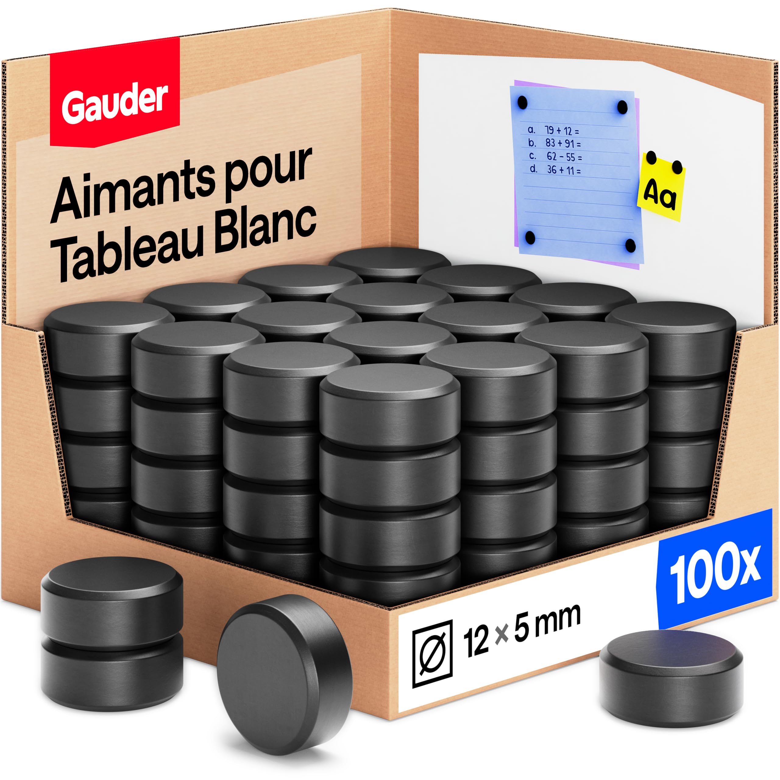 GAUDER Aimants pour Tableau Blanc, Réfrigérateur & Bureau (100pcs - 12x5mm) | Aimant rond noir puissant en ferrite, disques magnétiques pour tableau blanc, réfrigérateur, bureau et usage quotidien