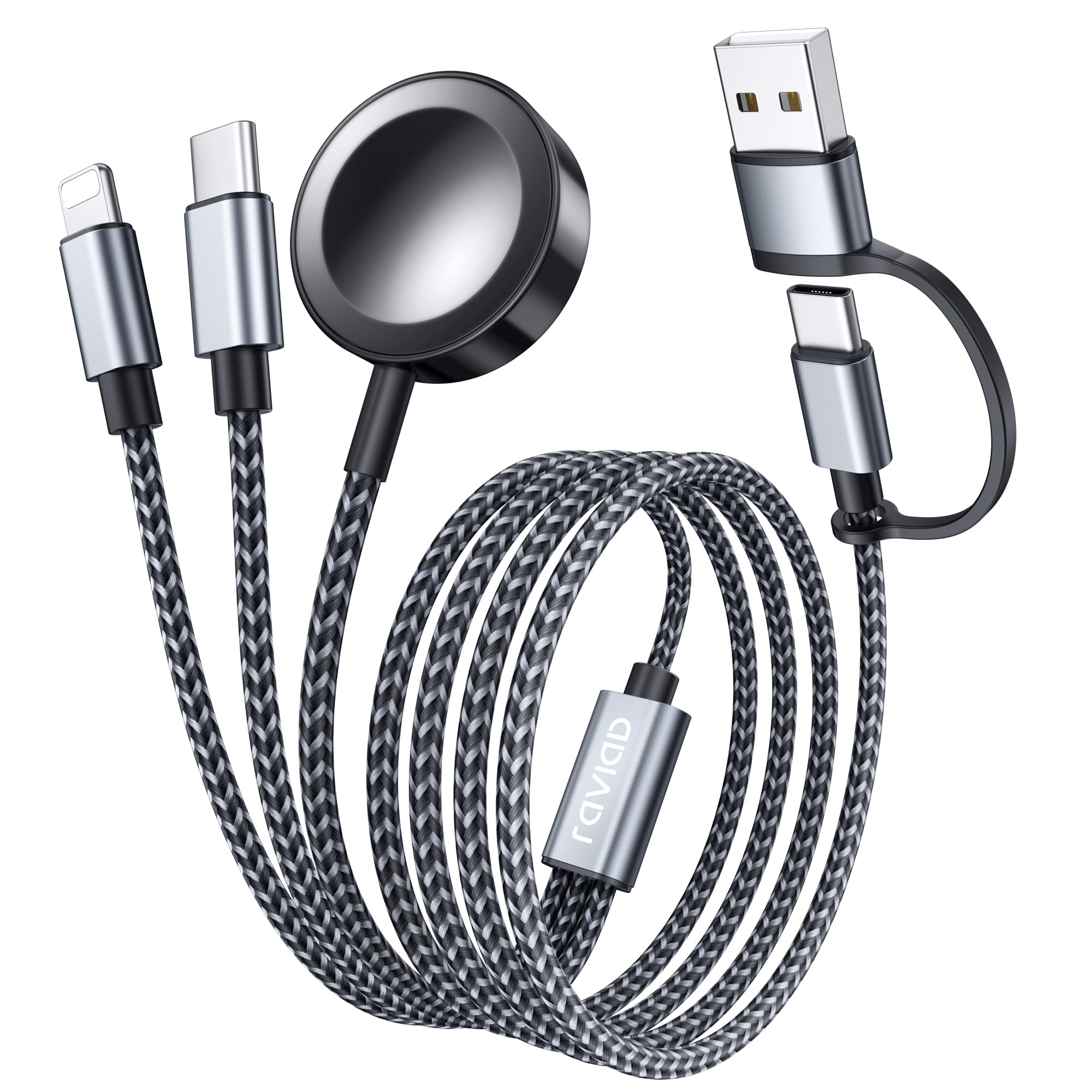 RAVIAD Câble 3 en 2 pour Chargeur Apple Watch, USB C et Lightning - 1.2M | Câble Multi Chargeur pour iWatch Ultra/SE/11/10/9/8/7/6/5/4/3/2, iPhone 17 à 11, iPad, AirPods et Galaxy