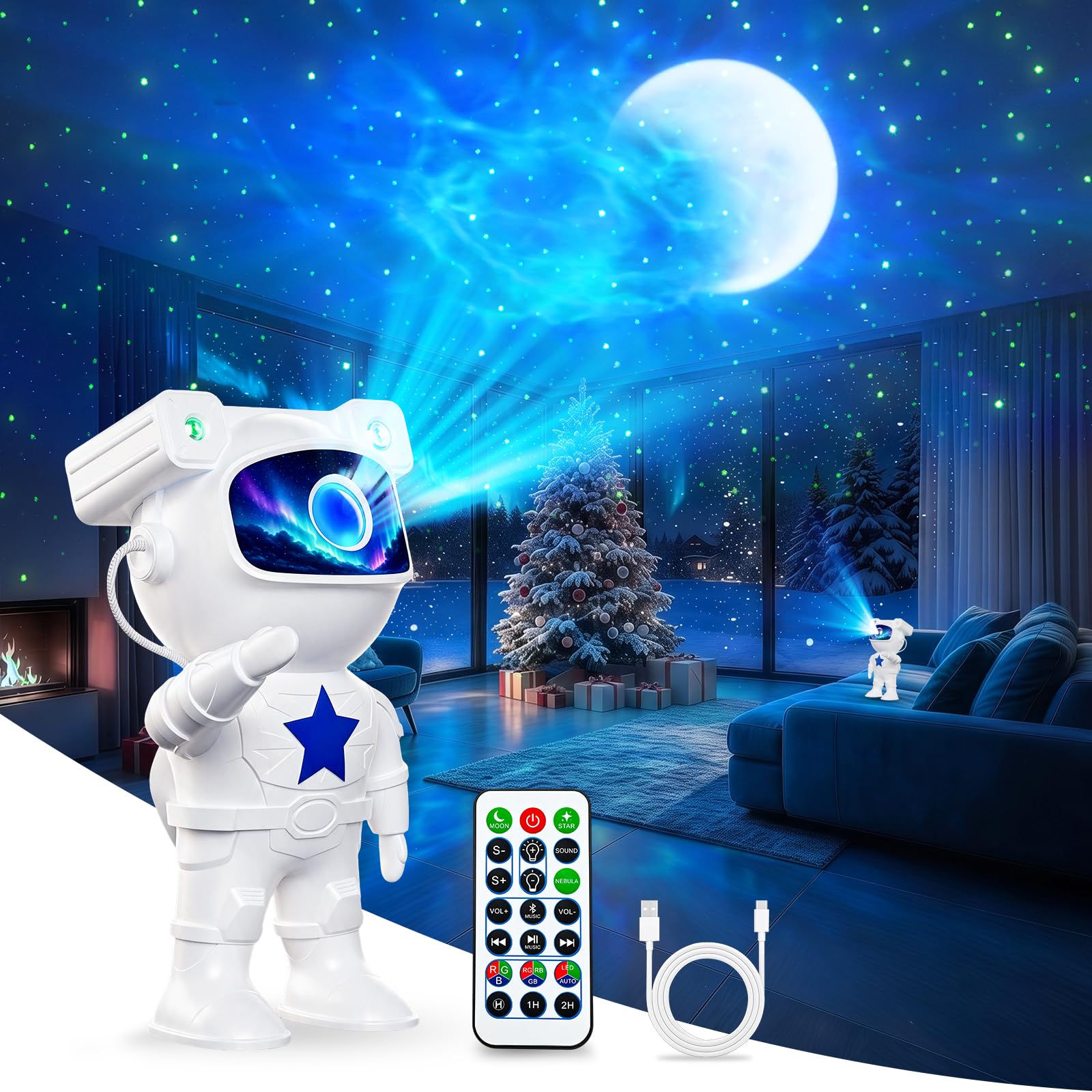Yuinzin Astronaute Projecteur, Projecteur Ciel Etoile avec Bluetooth et 4 Bruits Blancs, 360° Rotation Magnétique, Télécommande Minuterie, Projecteur Galaxie Veilleuse adaptée aux adult et aux enfant