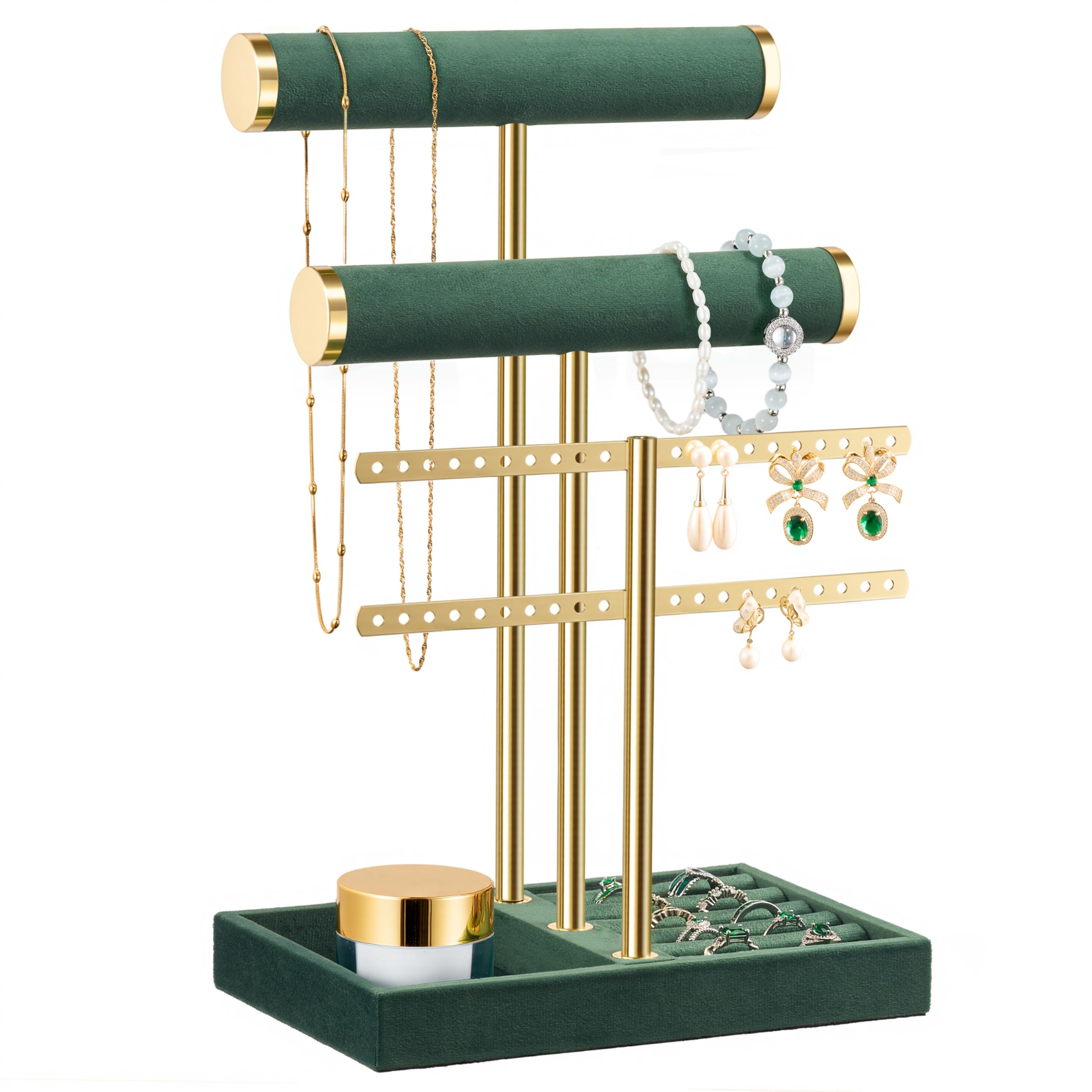Josmimic Organisateur de Bijoux à 3 Niveaux - Porte Bijoux Vert en Velours pour Bracelets, Colliers, Montres, Bagues