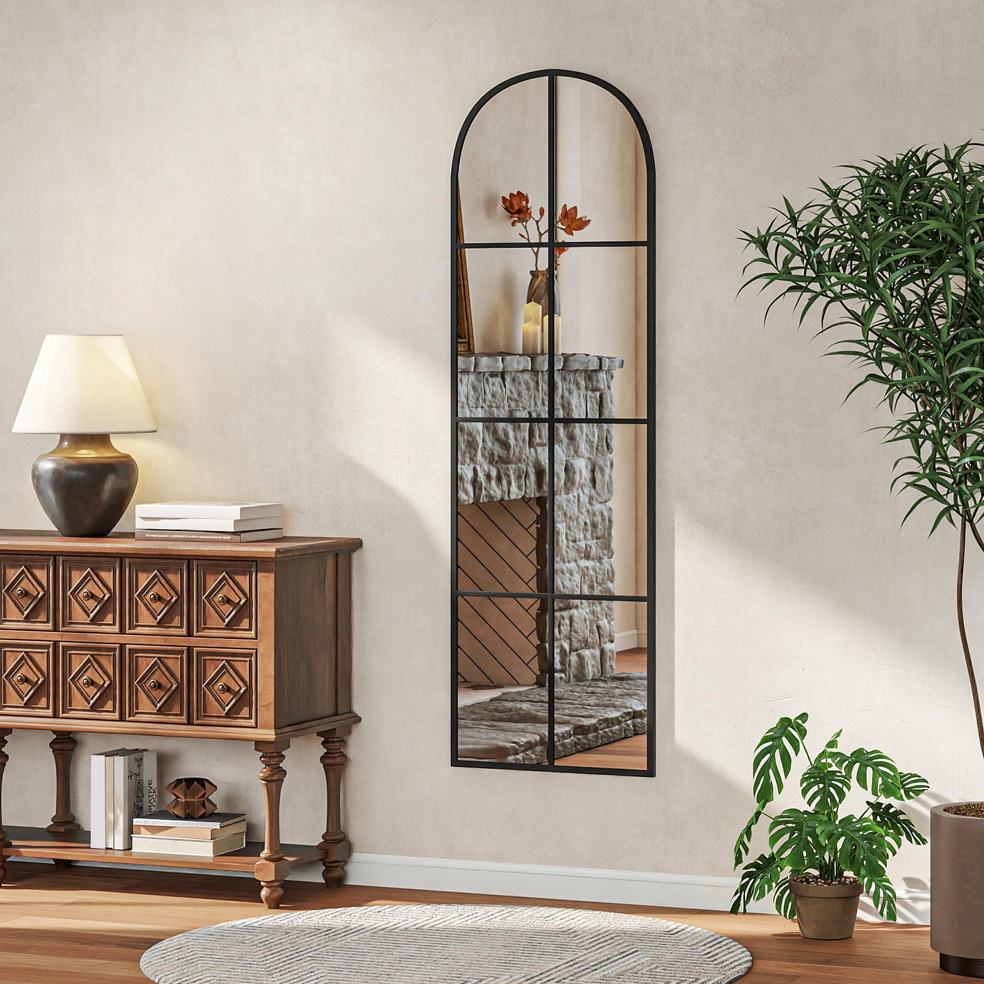 HOMCOM Grand Miroir Pleine Longueur 40 x 160 cm Mural ou sur Pied Noir | Fenêtre Arquée, Cadre en Métal, Film Antidéflagrant, pour Chambre à Coucher Salon et Dressing