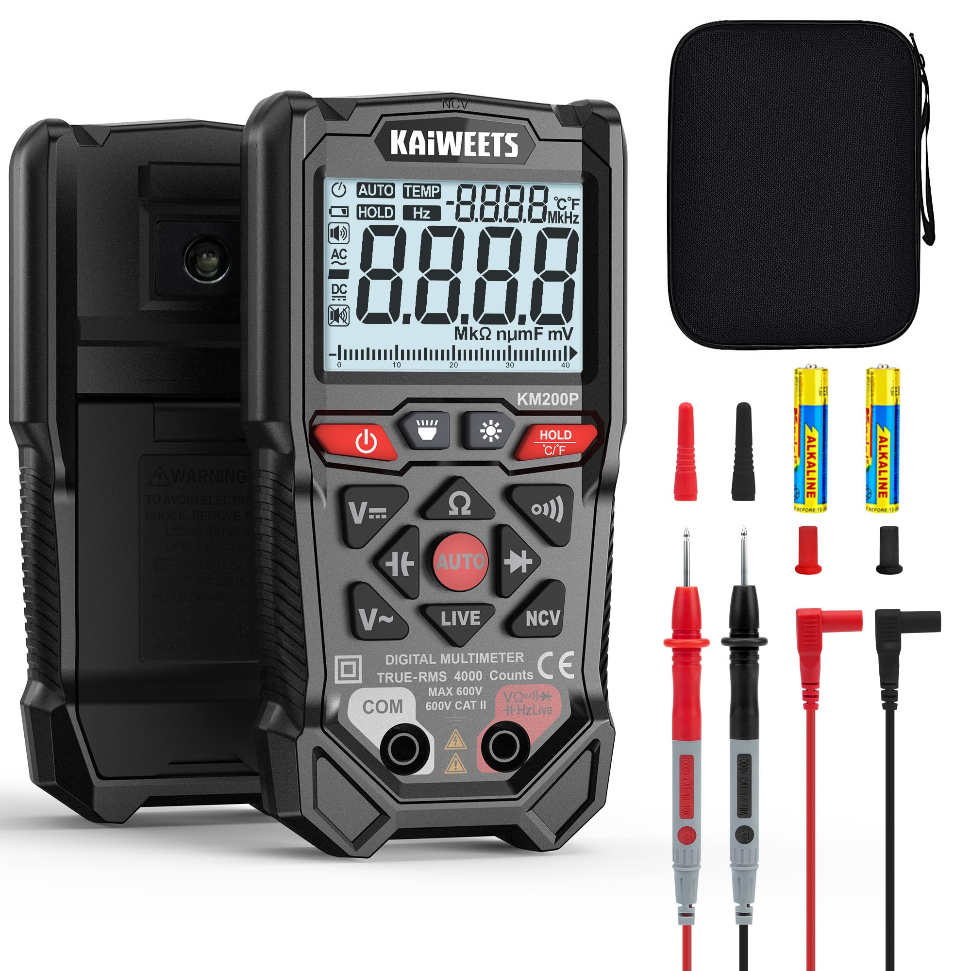 KAIWEETS Multimètre Numérique à Boutons 4000 Counts, Multimètre Auto-Ranging TRMS, NCV, Testeur Fil Phase, Mesure Tension AC/DC, Courant, Résistance, Continuité, Capacité, écran LCD Rétroéclairé