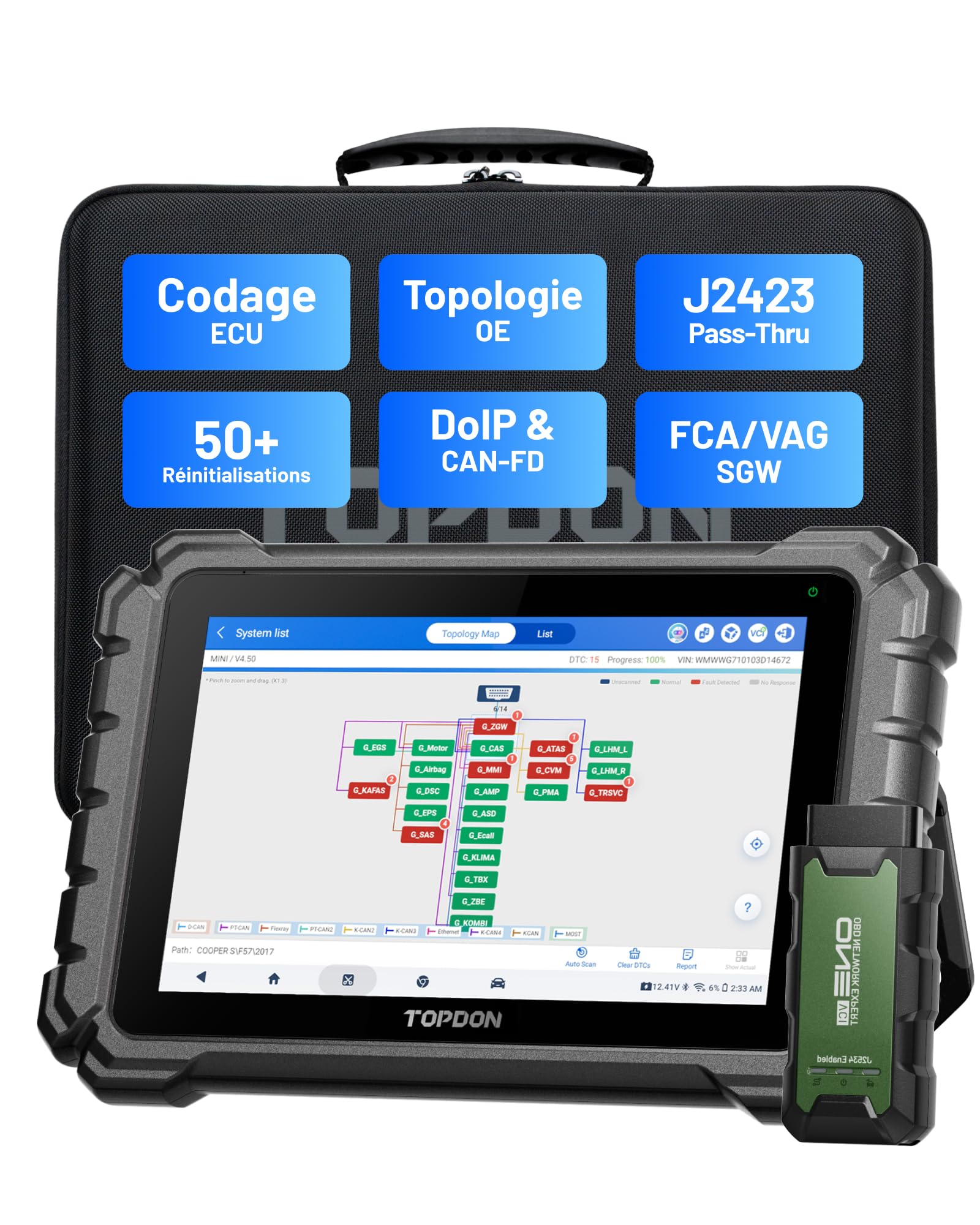 TOPDON ONE Lite-A Valise Diagnostic Auto OBD2 avec Codage ECU | diagnostic voiture de tous systèmes avec topologie OE, 50+ Réinitialisations, J2534 pass-thru et accès SGW SFD