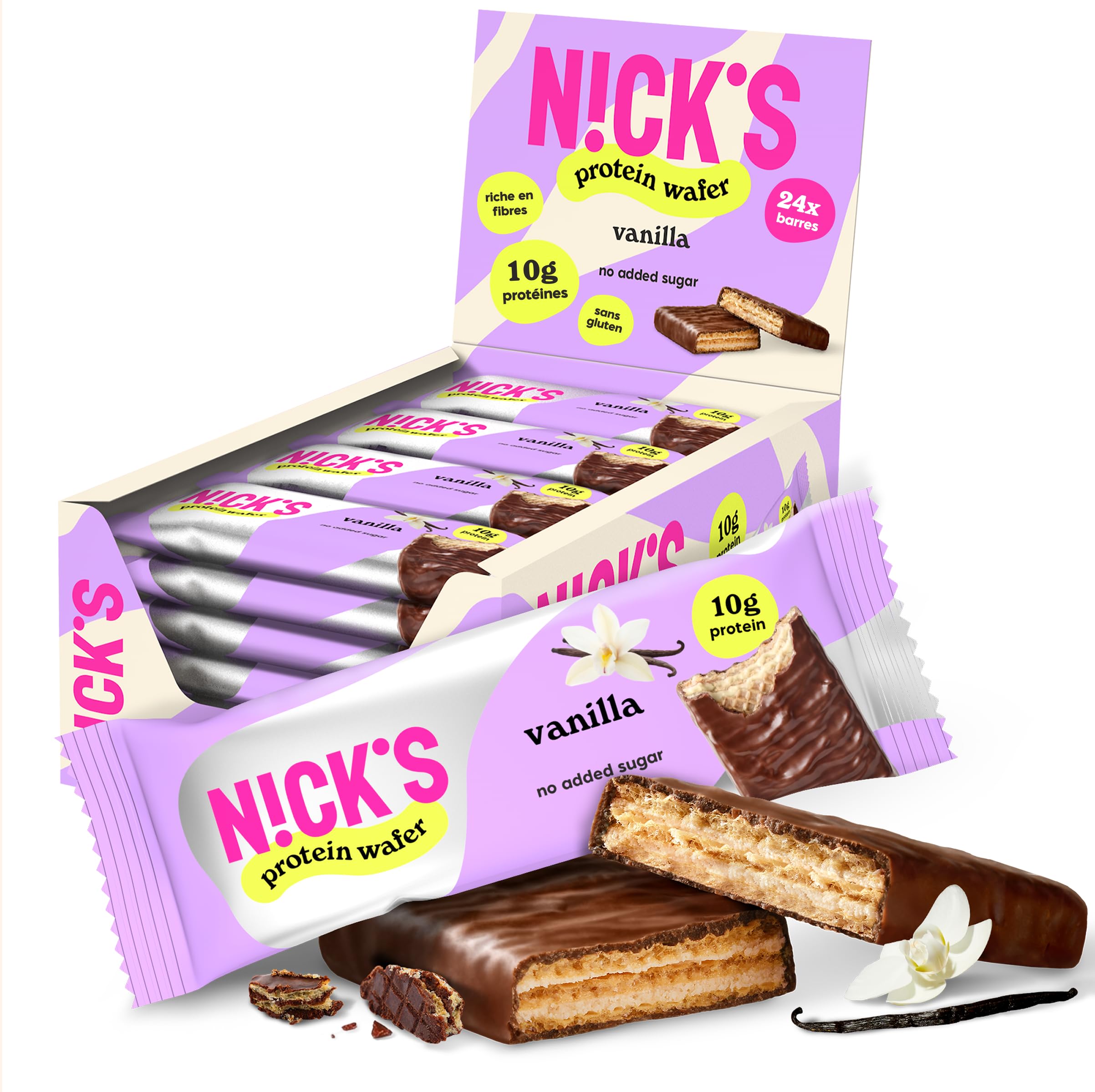 N!CK'S Barre protéinée Sans Sucres Ajoutés, Gaufrettes proteinées, Biscuits Sans Sucres Ajoutés Lowcarb, Sans Gluten | 25% de protéines | 203 calories | Vanille, 40 g X 24