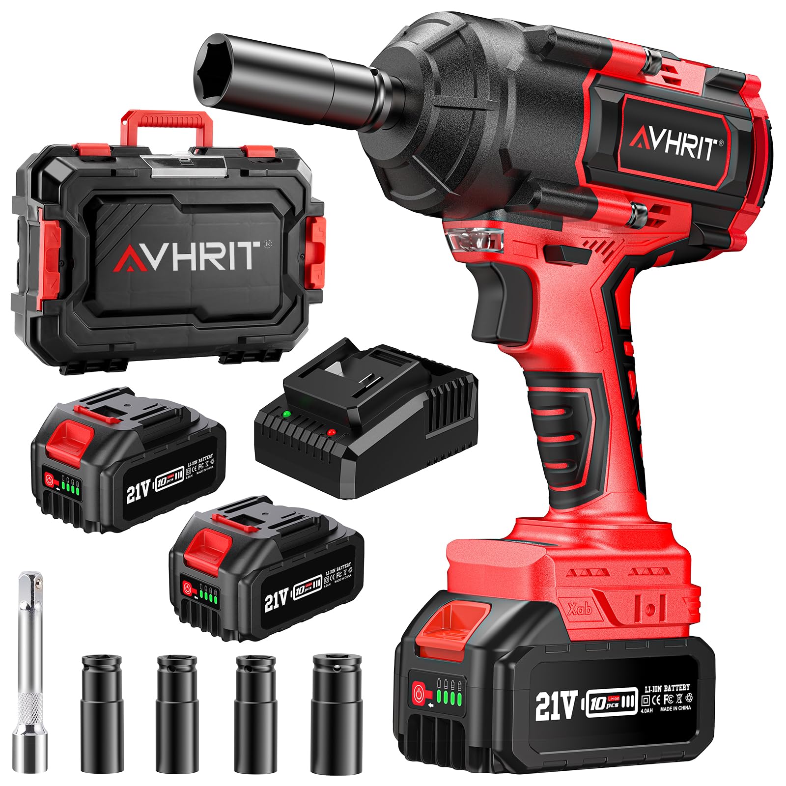 Avhrit 1500 N.m Clé à Chocs Sans Fil Brushless avec Deux 4000mAh batteries, 1/2" Boulonneuse à Choc Électrique 21 V pour la voiture et la Maison, avec 4 Douilles à Chocs