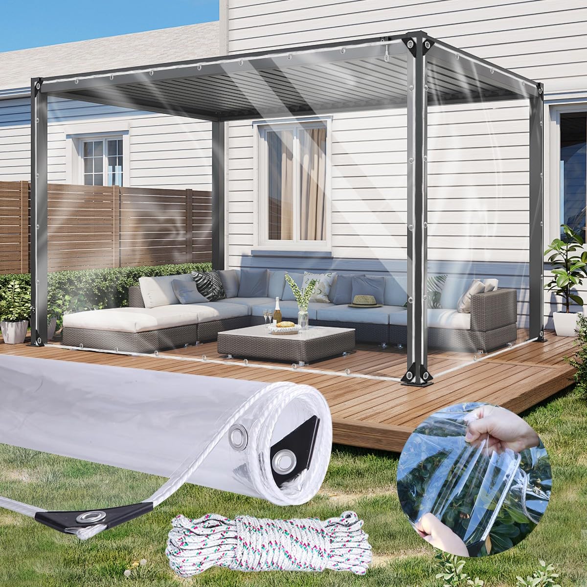 Bache Transparente Extérieur 2x2M EVA Imperméable 0.30mm, Transparence 99%, Anti-Déchirure, Résistant Froid, Oeillets Aluminium, Bâche Protection pour Terrasse Véranda Pergola Jardin Serre