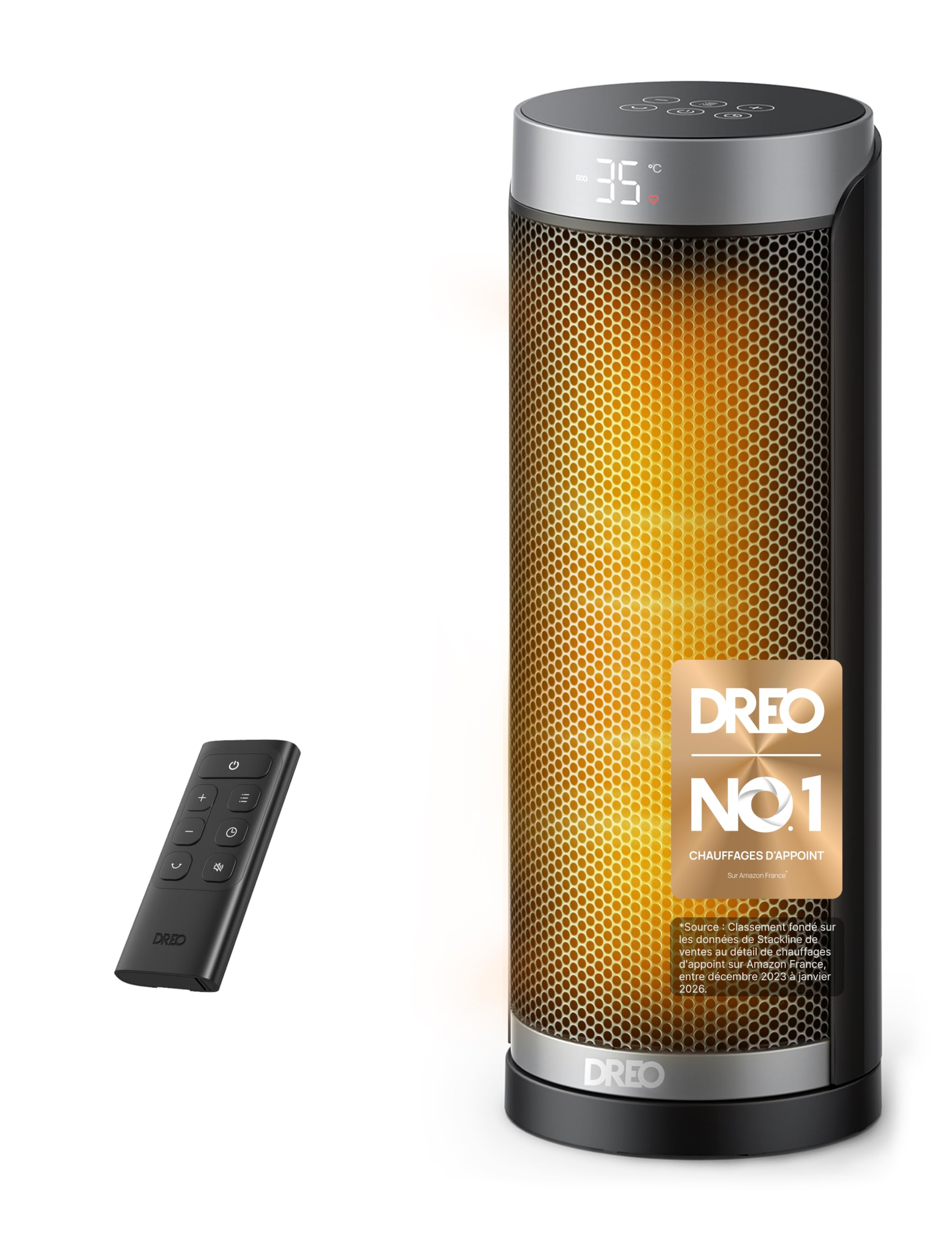Dreo Chauffage Électrique 2000W, Radiateur Céramique Silencieux avec Oscillation 70° et Télécommande, Minuterie 12h, 3 Modes, 3 Vitesses, Protection Surchauffe et Basculement, Solaris Slim H3