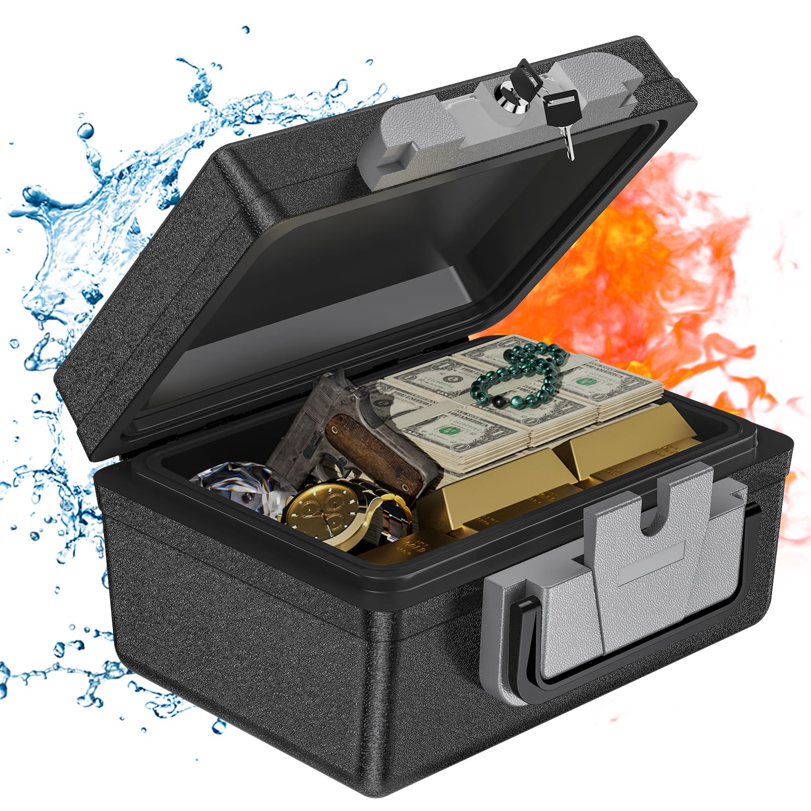 WASJOYE 21L Ignifuge Coffre fort Portable Etanche avec Clé, coffre fort anti feu, Boîte de Sécurité pour Documents Anti feu, Safe Box pour Argent en Espèces Médicaments Bijoux A4 Documents