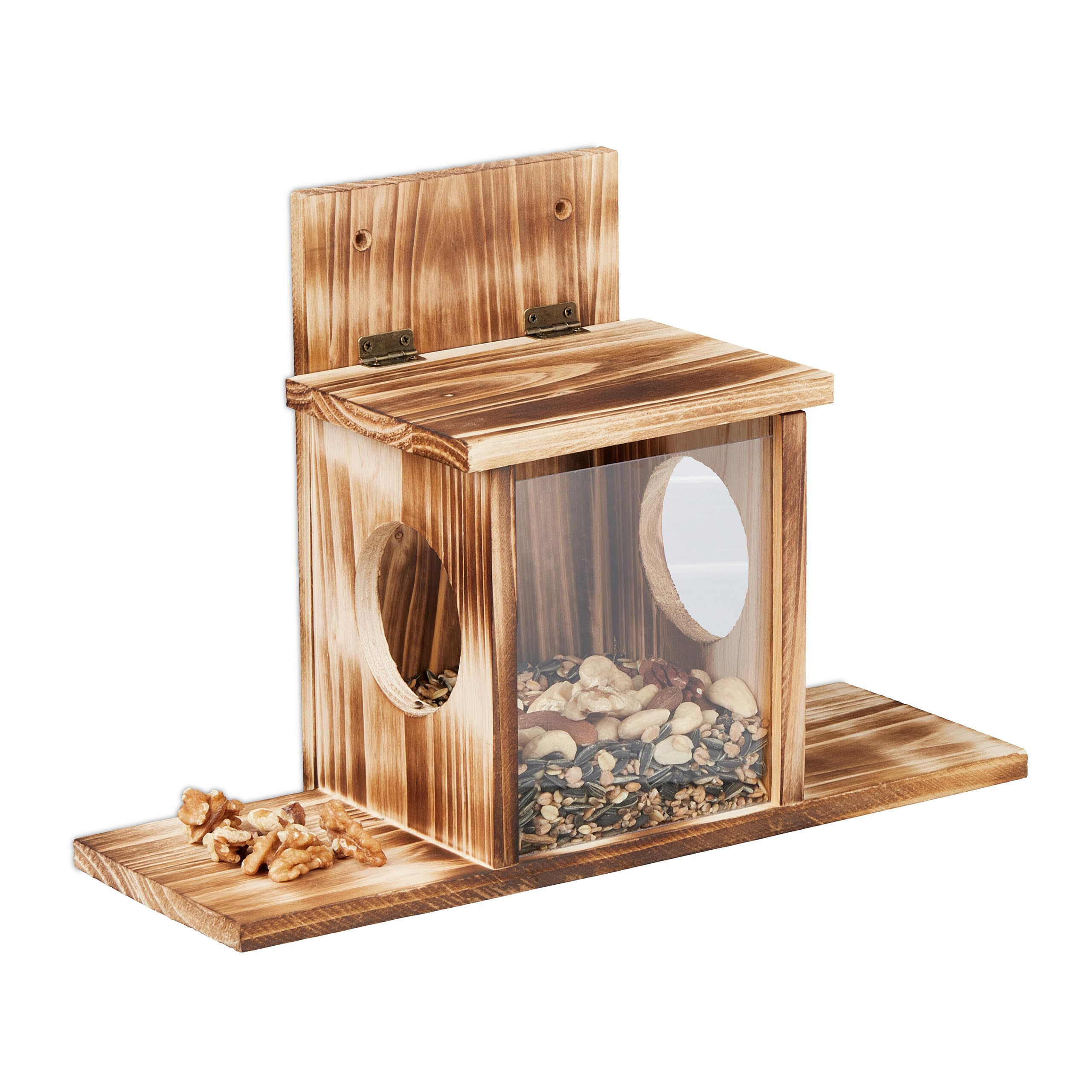 Relaxdays Mangeoire pour écureuils, Distributeur de Nourriture, Bois, 2 entrées, Suspendre, Place sur Les côtés, Nature
