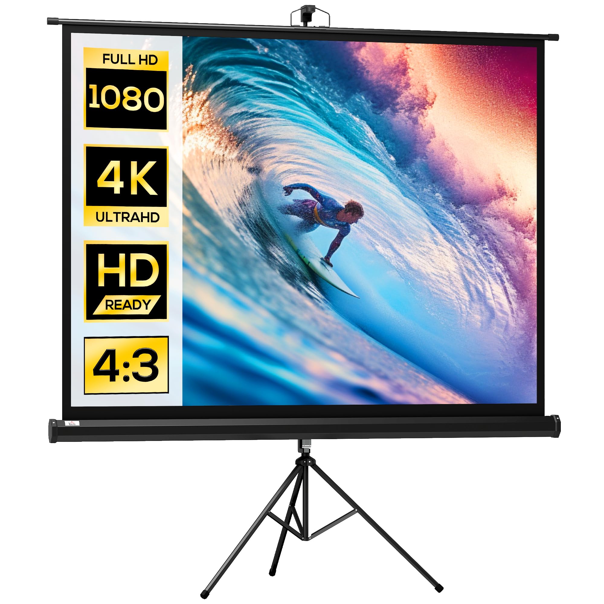 HOMCOM Écran de Projection Trépied Pliable 84 Pouces 4:3 180L cm Noir | 4K HD, Écran Vidéoprojecteur, Hauteur Réglable, Angle de Vision 160°, Home Cinéma, Films en Intérieur/Extérieur
