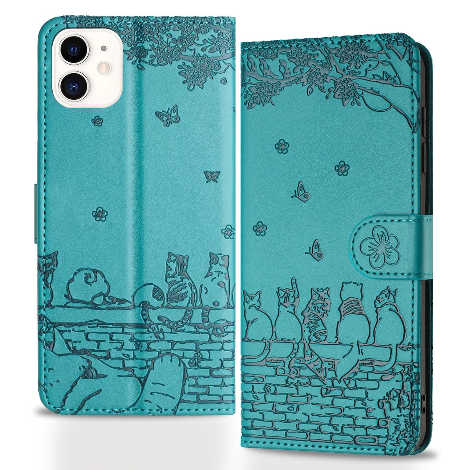 Butnyeoe Coque pour iPhone 12 Pro Rabat,Housse Pochette iPhone 12 Clapet,Portefeuille Etui avec Porte-Carte et Dragonne,Chats/Fleur PU Cuir/Antichoc Flip Folio Case.Bleu-Vert