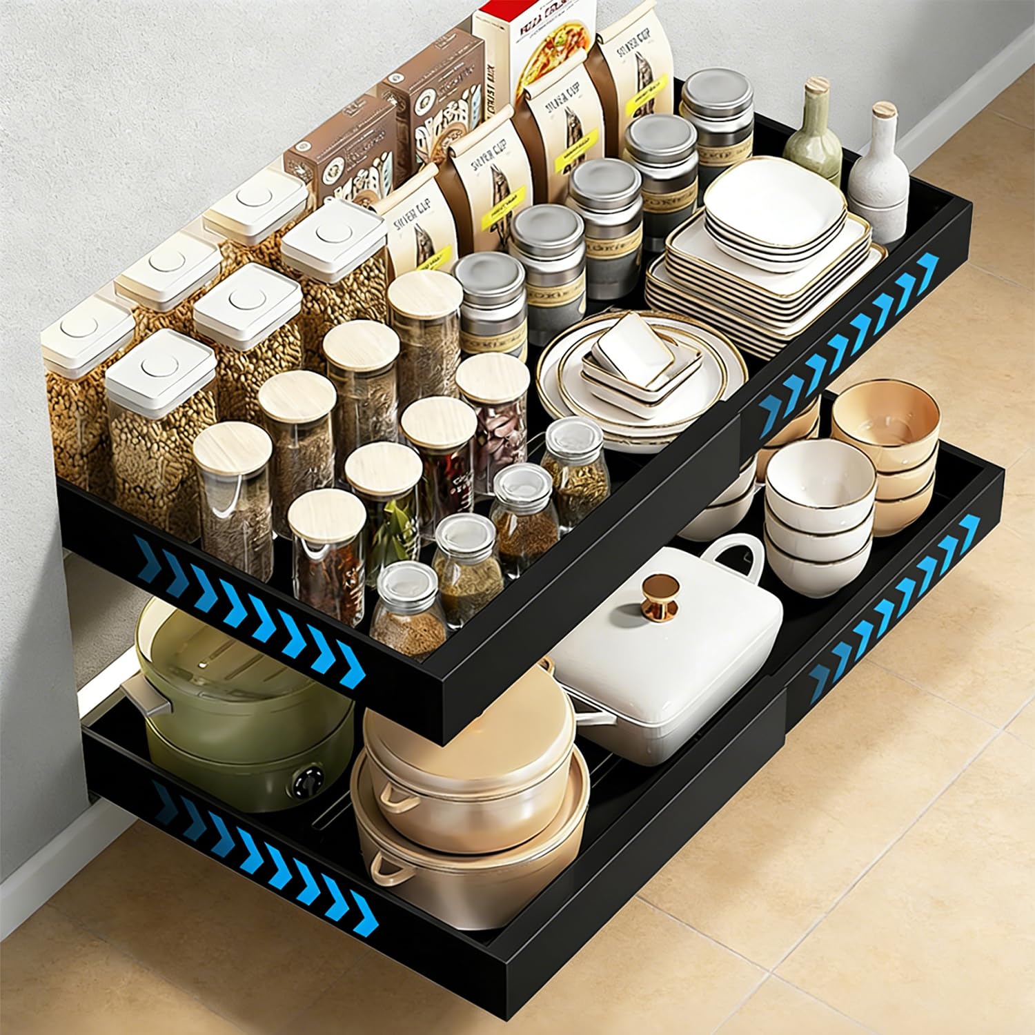 EOJDDPA Lot de 2 tiroirs extensibles télescopiques pour armoires de cuisine, largeur réglable de 31,5 à 52 cm, pas de perçage nécessaire, avec système de rails pour armoires de cuisine (noir)