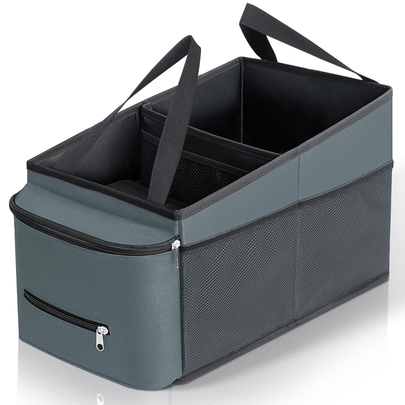Cozary Organisateur Voiture, Rangement Siège Voiture, Gris, Famille | Organisateur de voiture pliable avec 2 grands compartiments, 4 poches en filet et un Porte-Gobelet intégré