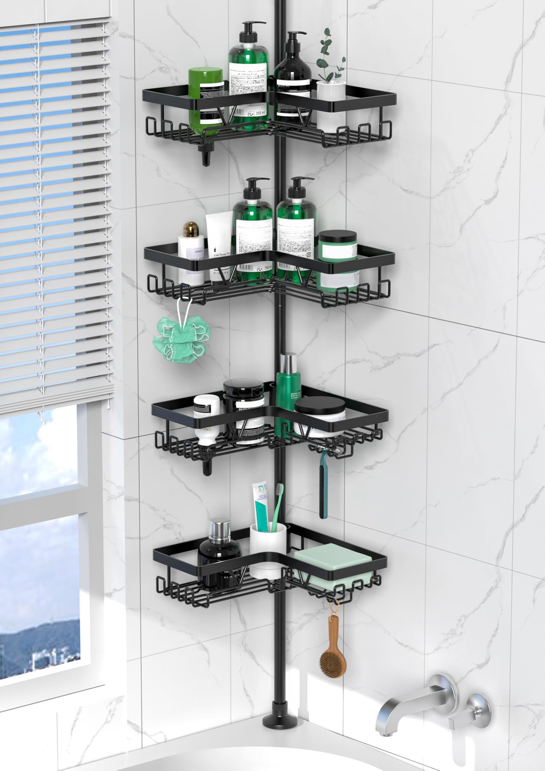 Cooeco Etagere Douche,Etagere Telescopique Douche sans Percage | Avec 4 Paniers, Etagere de Salle de Bain(Noir)