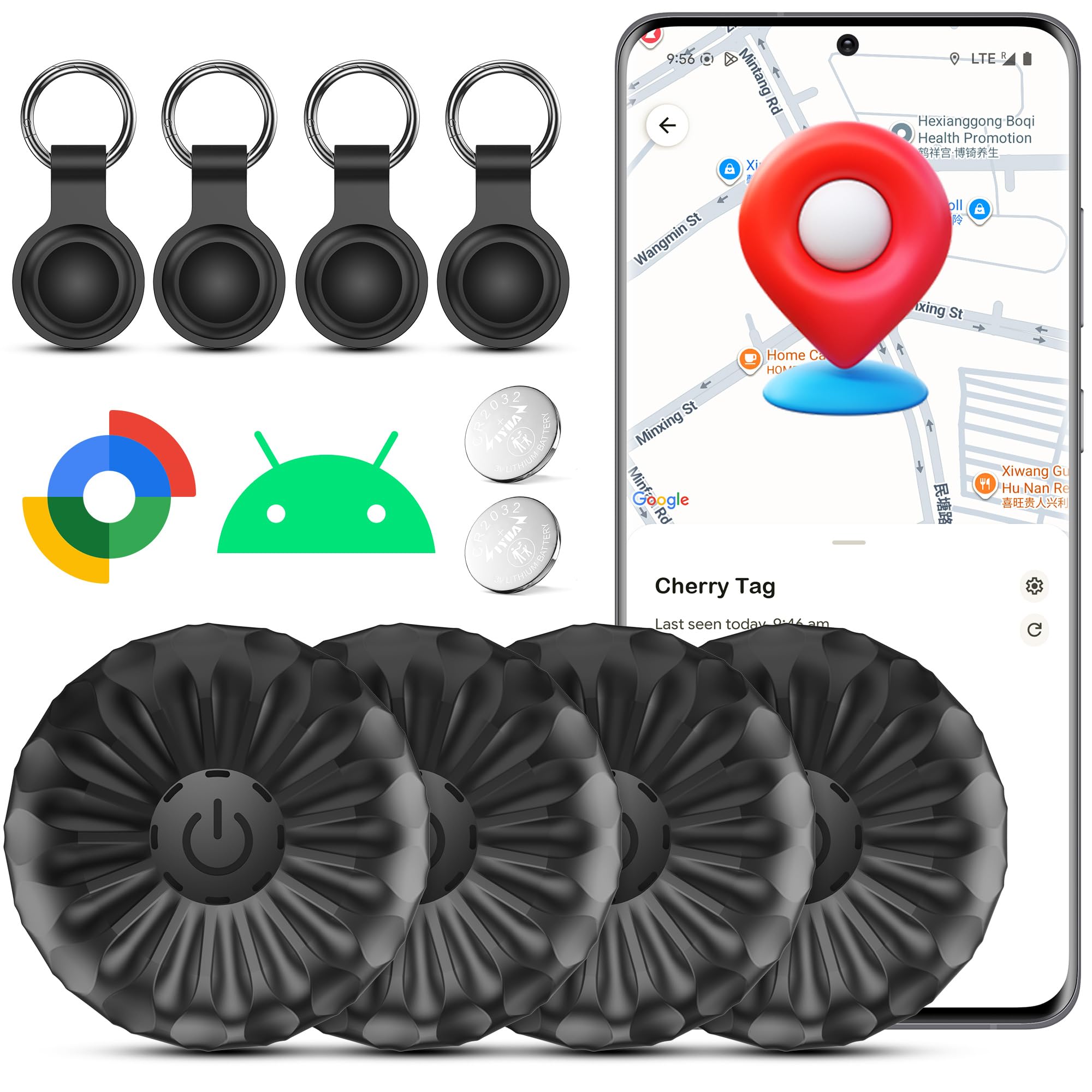 Android Smart Tag Lot de 4, Air Traceur Compatible avec Google Find Hub | Équipé d'un Étui de Protection, , Air Localisateurs pour Valises Portefeuilles Clés Sacs,Suivi Mondial,100dB Bip,Étanche IP68