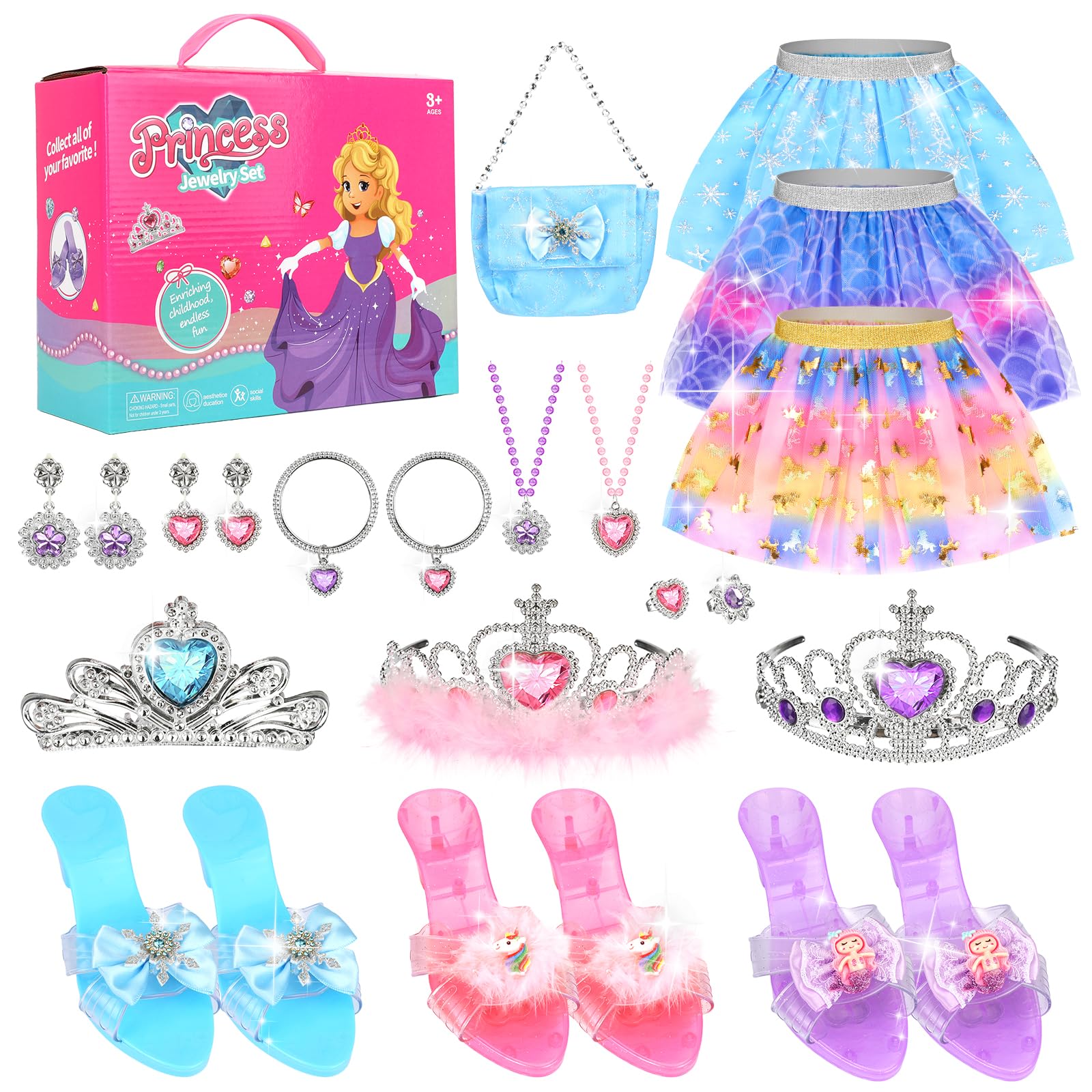 Beipegin - Chaussures & Accessoires de Déguisement Princesse Licorne Sirène Jouet Fille 3-7 ans - 3 Ensembles Thématiques - Jupe Tutu Sac Bijoux Couronne - Cadeau Fille Anniversaire Noël Carnaval