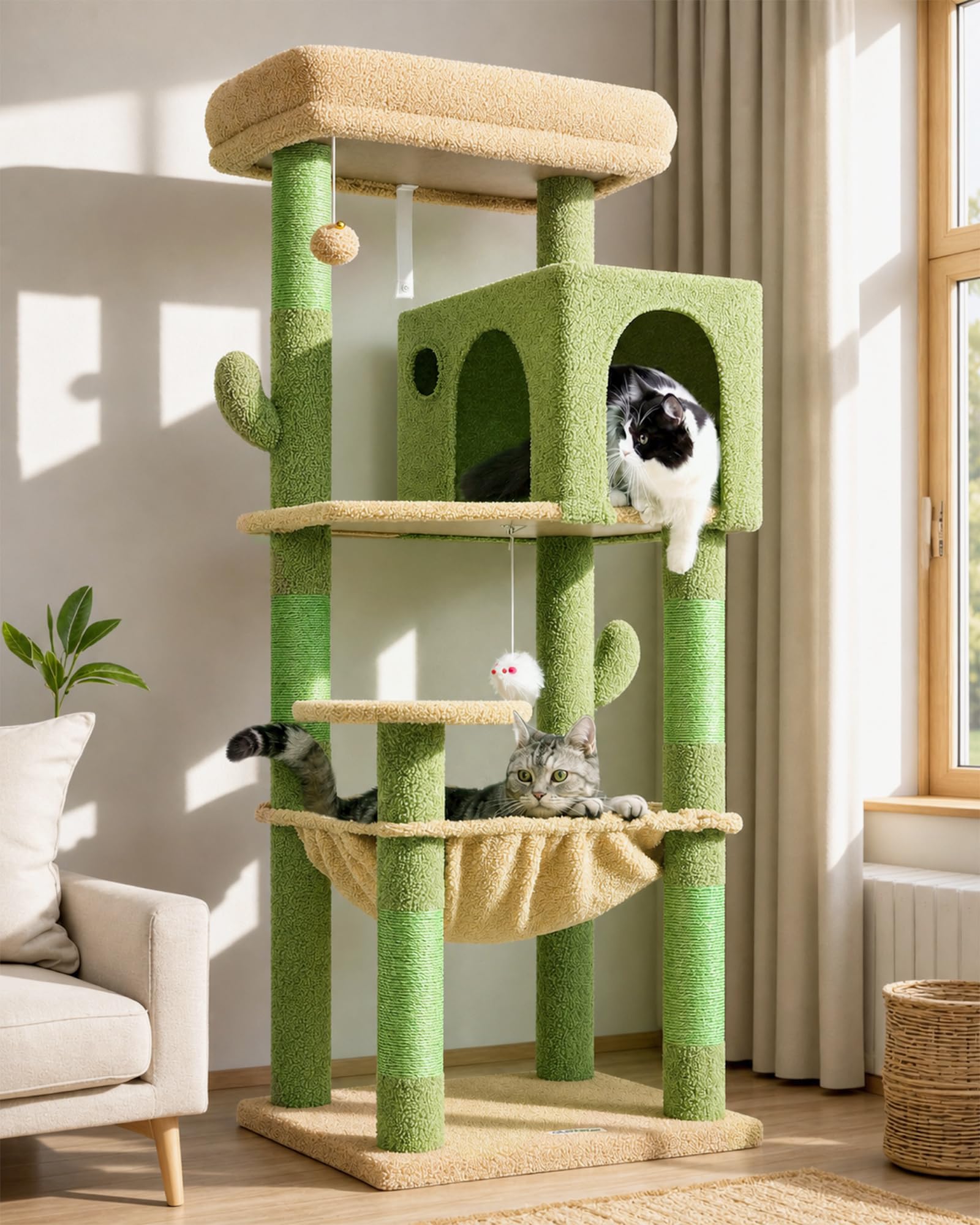 Globlazer F53 Arbre a Chat Hamac Niches Plateforme pour Grand Chats Chaton | Jolie Arbre à Chat Facile à Monter avec Plusieurs Détente Poteau à Griffer Sisal Robuste Tour à Chat pour 2/3 Chats Intérieur