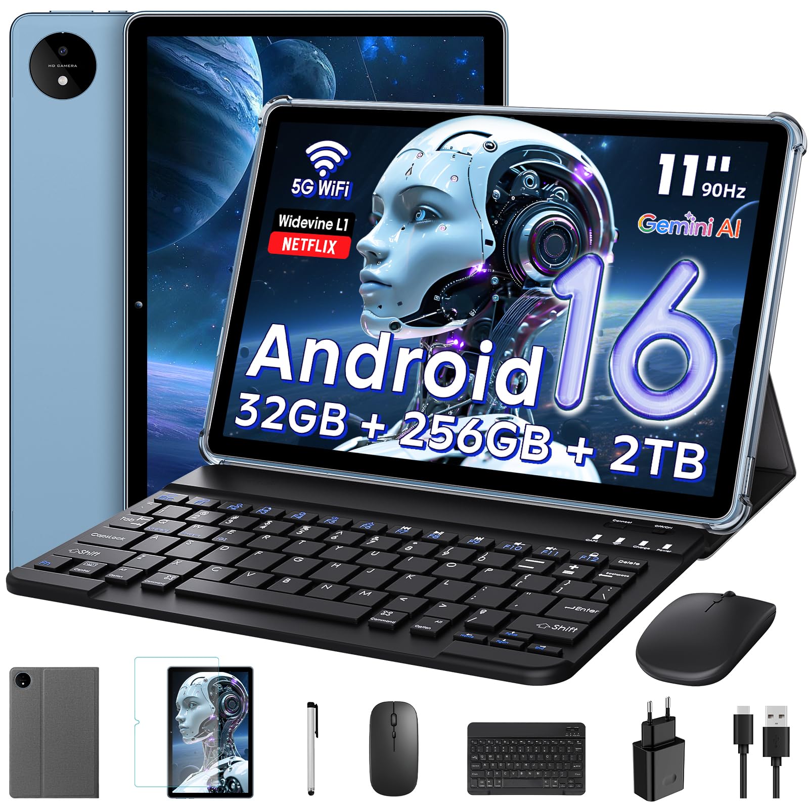 Raemond Tablet 11 Pouces | Android 16 Tablette avec Gemini AI | T7250 Octa-Core | 32Go RAM+256Go ROM(TF2To) |16MP+8MP|1920x1200 IPS HD Display | Widevine L1 | GPS | 8000mAh | 5G WiFi | Face ID (Bleu)