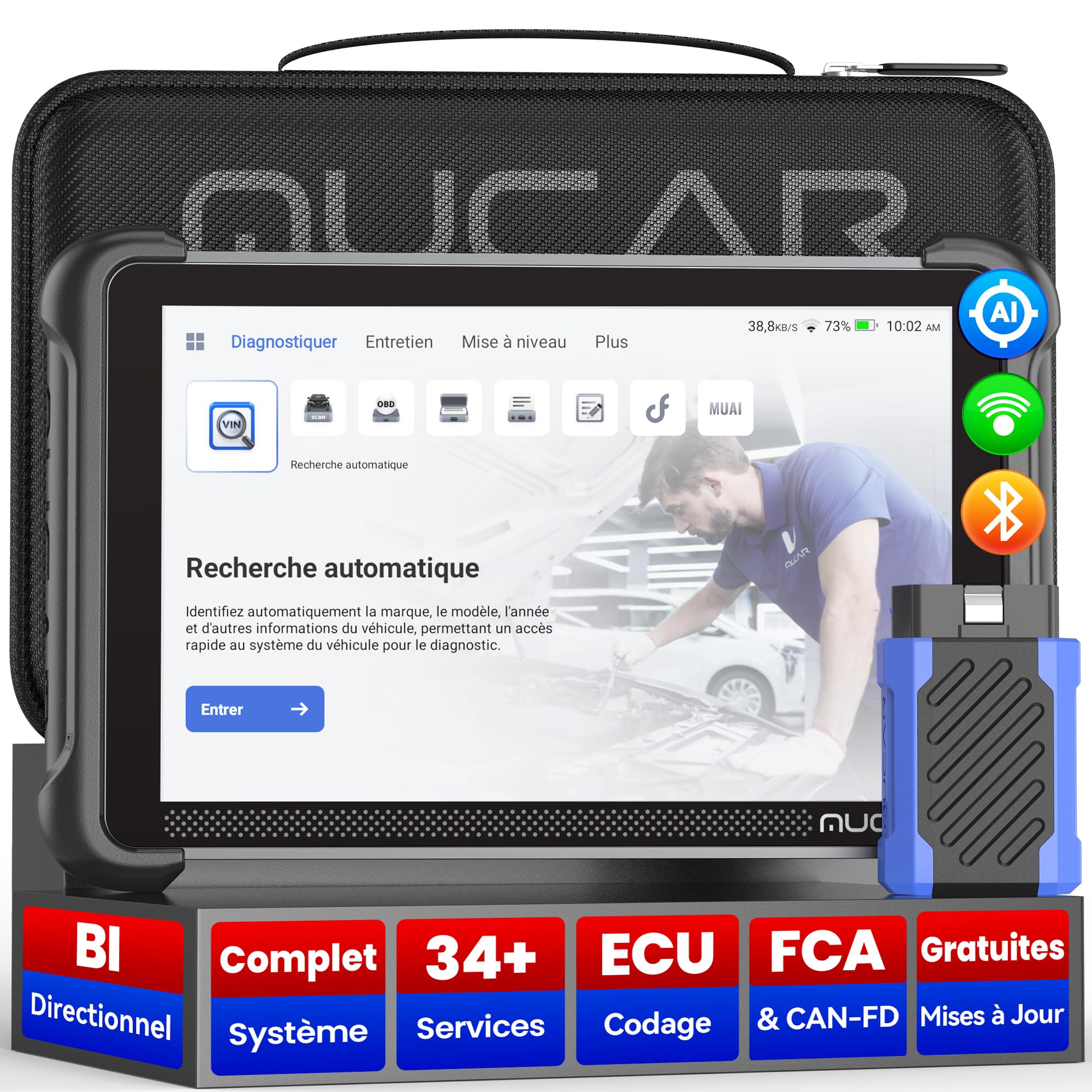 mucar 892BT Valise Diagnostic Auto, Diagnostic Avancé Système Complet, AI | AI, Bi-directionnel, Codage ECU, Avancé Système Complet, 34+ Réinitialisations, Guide V.A.G, CANFD & DOIP & FCA,Gratuit à Vie