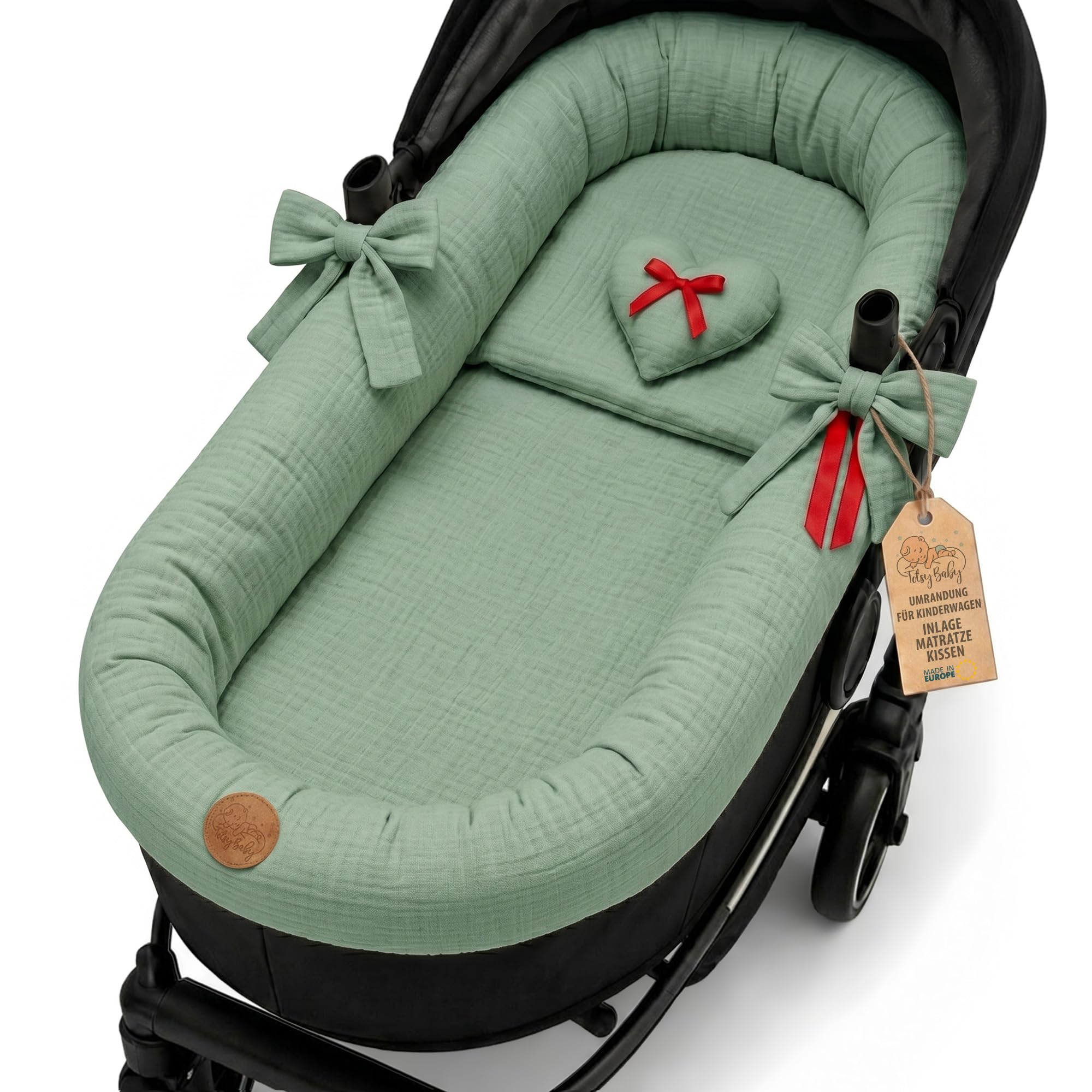 Coussin de siège Mousseline pour poussette bébé - housse de nacelle habillage couffin o réducteur chaise haute accessoires 3 pièces avec insert et oreiller Sauge
