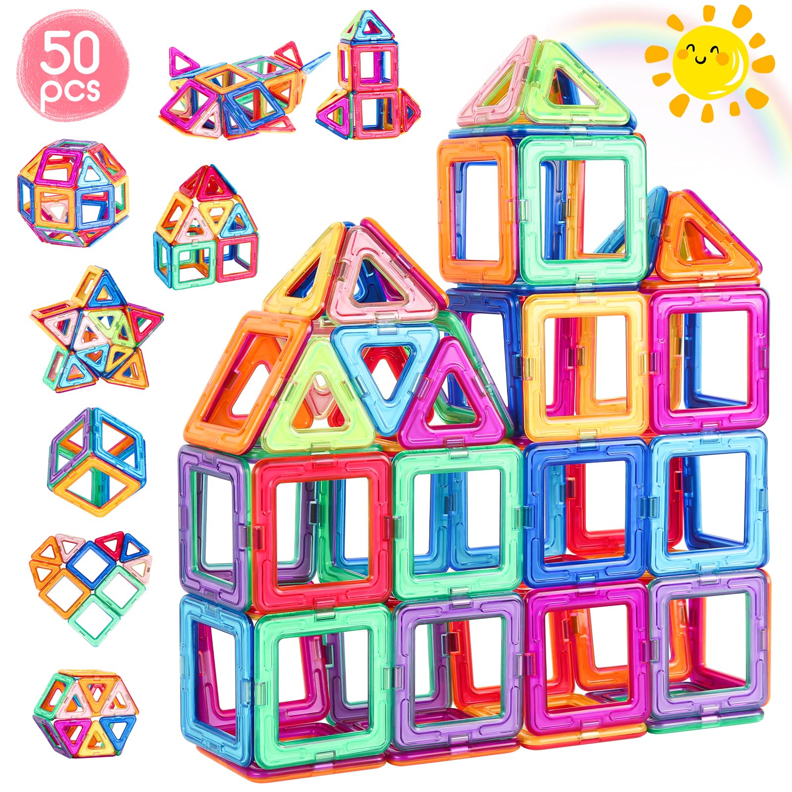 Construction Magnetique Enfant 50 Pièces Bloc Magnetique Magnetic Tiles | Blocs de Construction Magnétiques Enfants Educatif Jeux Cadeaux pour Enfants à Partir de 3 4 5 6 7 an