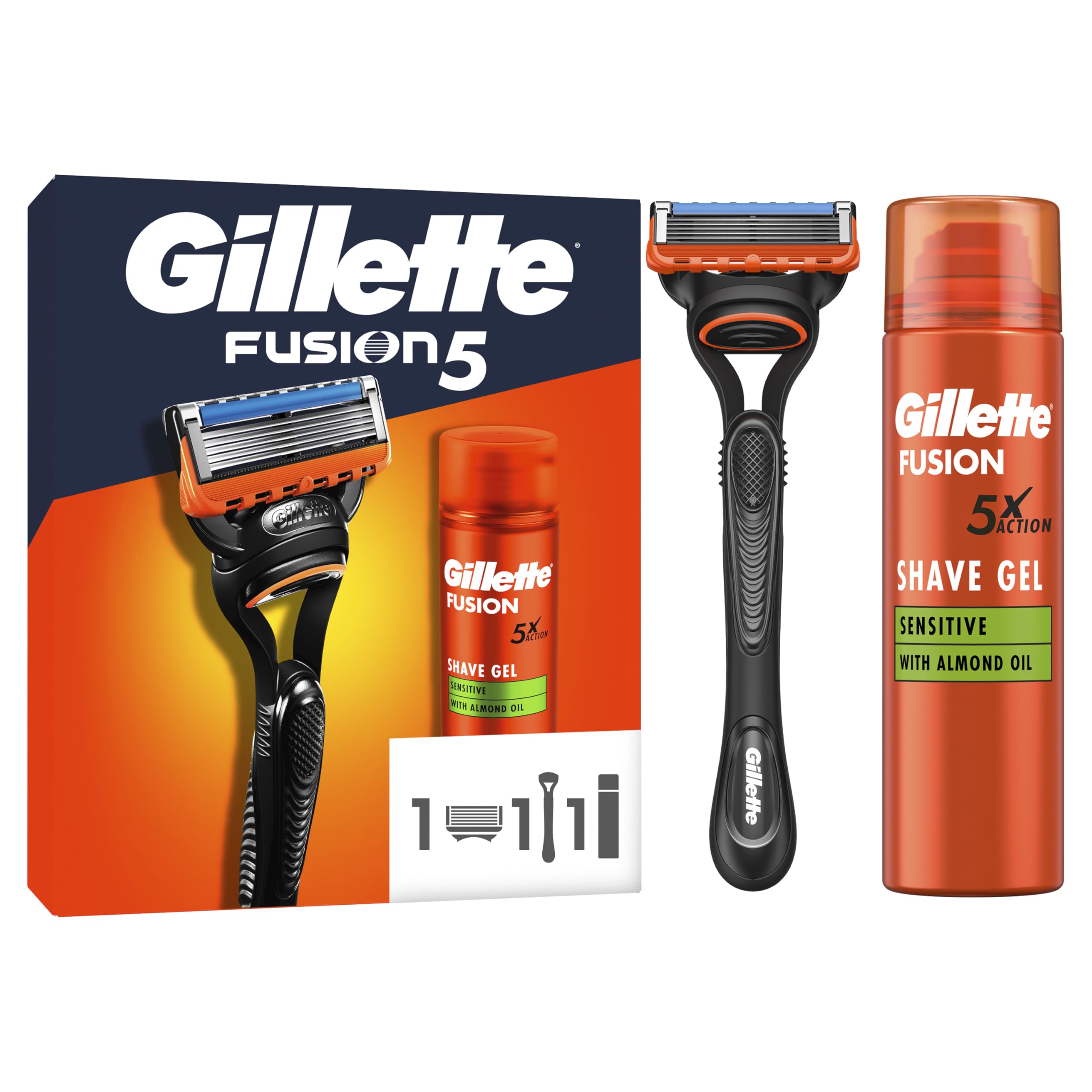 Gillette Rasoir Homme Fusion 5 Power, Noir, Kit Rasage avec Gel à Raser | Coffret avec un Manche Réutilisable, Lames en Acier Inoxydable, Bande Lubrifiante, Formule Conçue pour la Peau Sensible