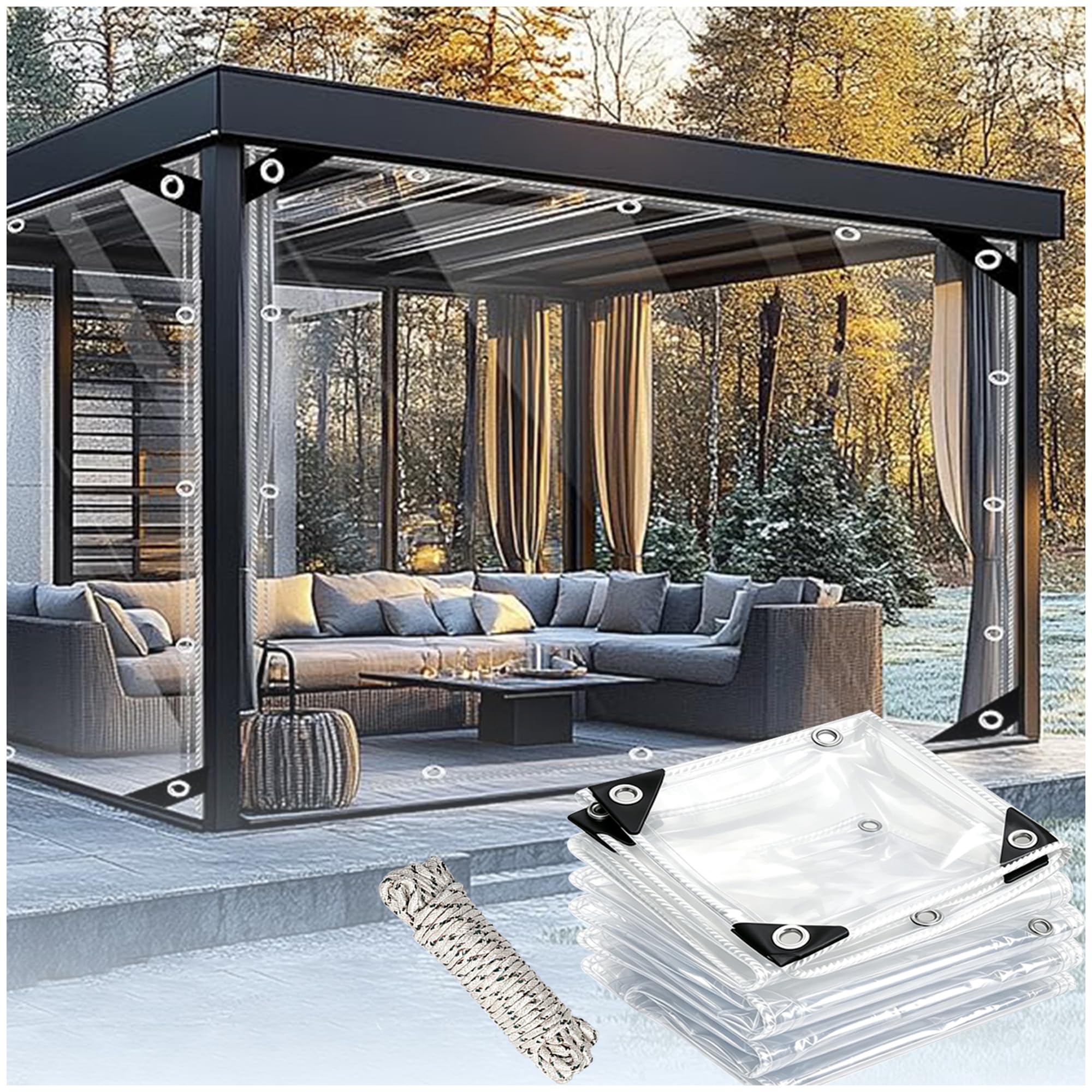 Bâche Transparente avec Œillets 0,3 mm PVC Pergola Imperméable Protection Extérieure, Résistante aux UV et aux Déchirures pour Terrasse, Jardin, Balcon, Camping, Corde Incluse(2x5m)