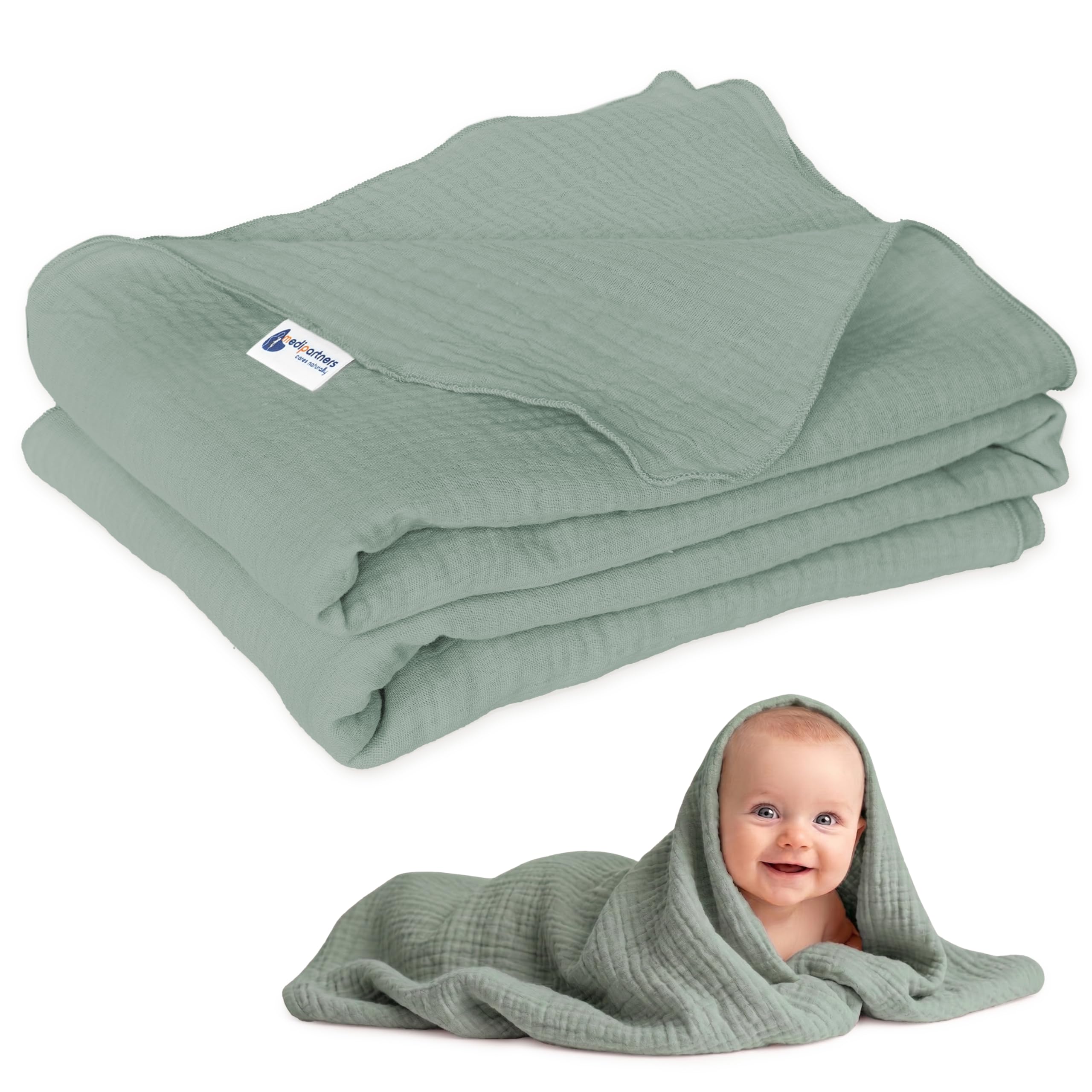 Medi Partners Mousseline Couverture Bébé 100x150cm Couvertures Nouveau-né | Plaid enfant 100 % coton, réversible et multifonction, pour lit bébé et poussette, cadeau de naissance(Olive)