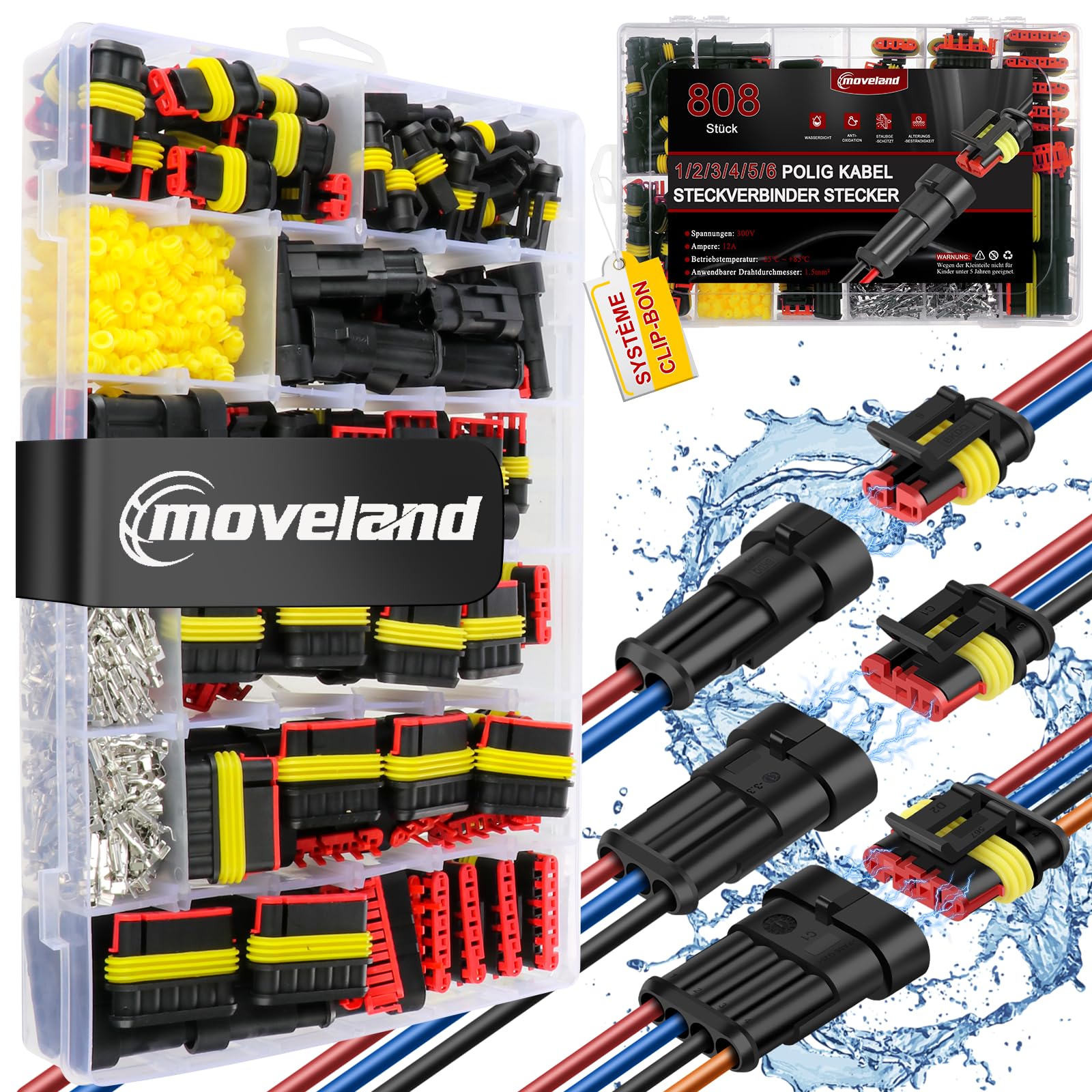 moveland Connecteur Électrique Automobile 808PCS, 1/2/3/4/5/6 Pôles | Connecteur Automobile Rapide, 300 V, 12 A, pour câble 1,5 mm², compatible Voiture, Camion et Moto