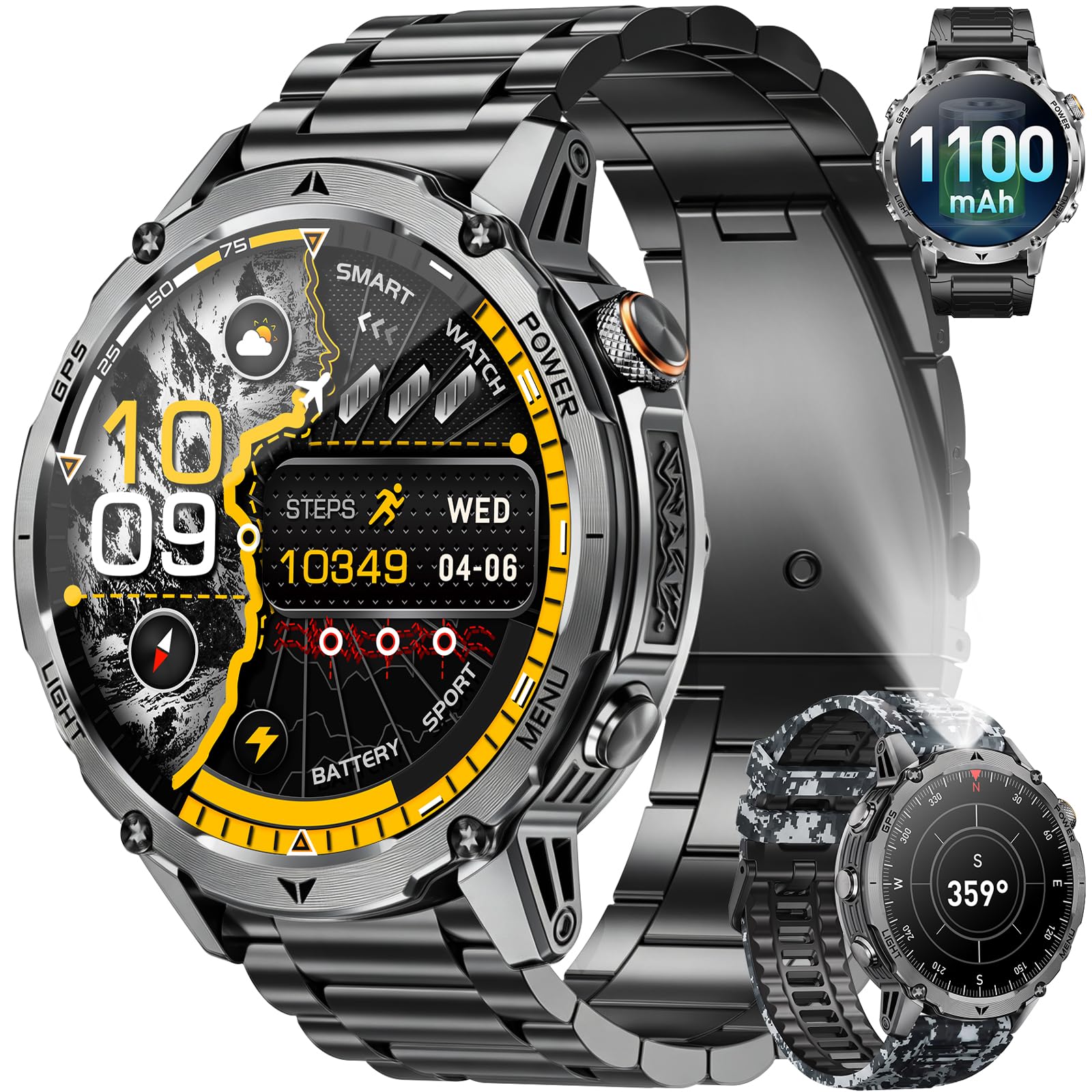 Militaire Montre Connectée Homme GPS Intégré,1.7"HD Grand Écran, 3Bracelets | Smartwatch 1100mAh battery,Lampe LED,100+ modes sportifs,Sant é, IP68 Étanche,Appel Bluetooth pour iOS Android