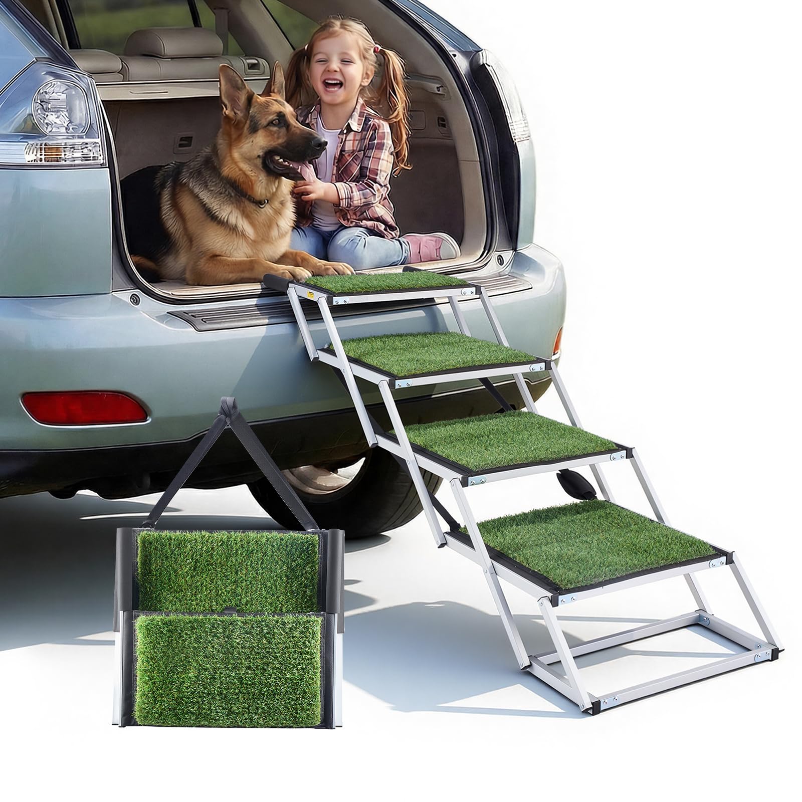 VEVOR Escalier pour Chien Voiture 4 Marches pour Chien Pliables pour SUV, Camions, Lits Hauts, Canapés, Animaux de Compagnie Charge 90,72 kg, avec Surface Antidérapante Gazon Synthétique, Portable