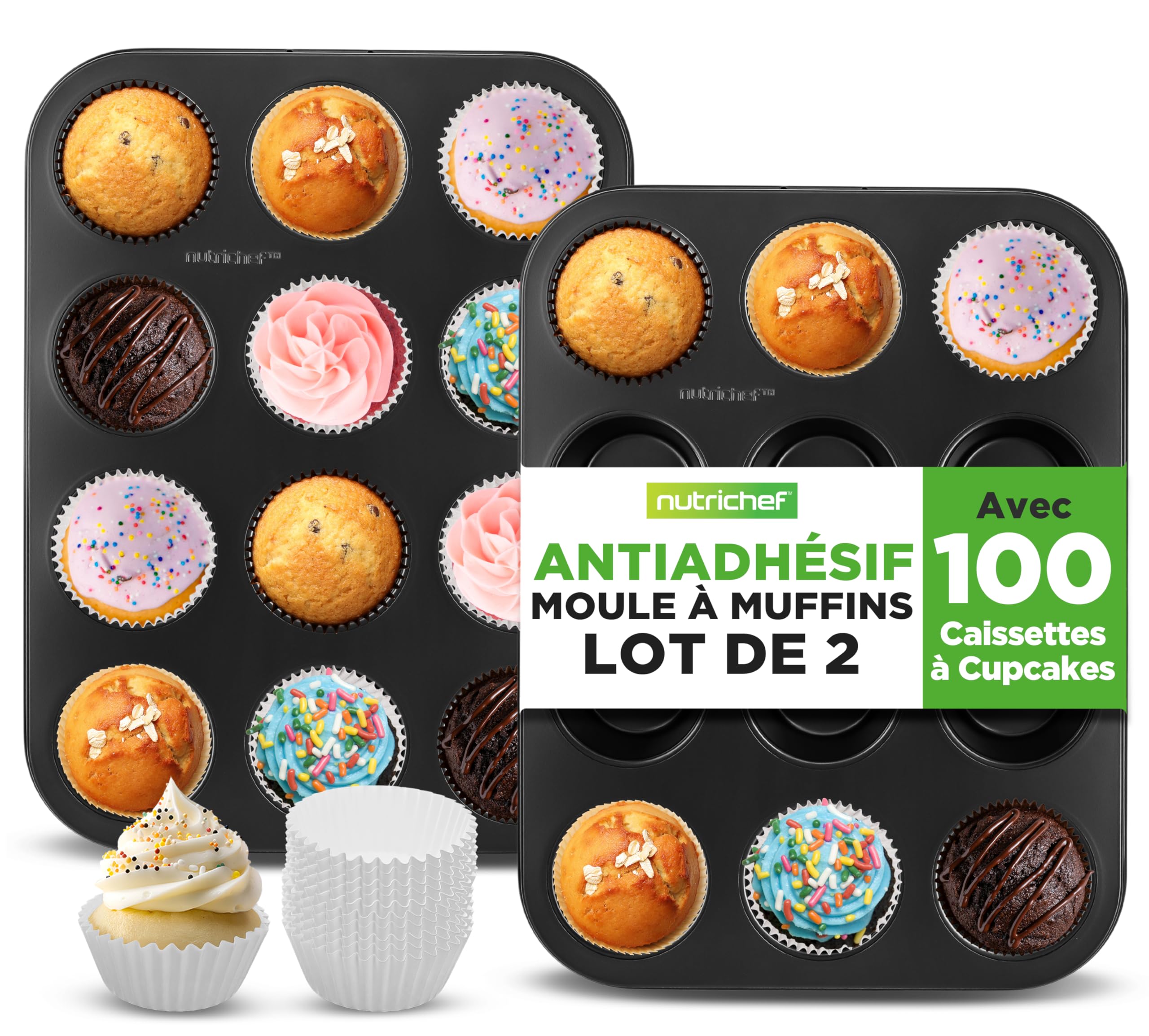 NutriChef Lot de 2 Plaques à Muffins 12 cups – Acier Empilable, Compatible Lave‑Vaisselle et Four, 100 Caissettes Incluses, Noir
