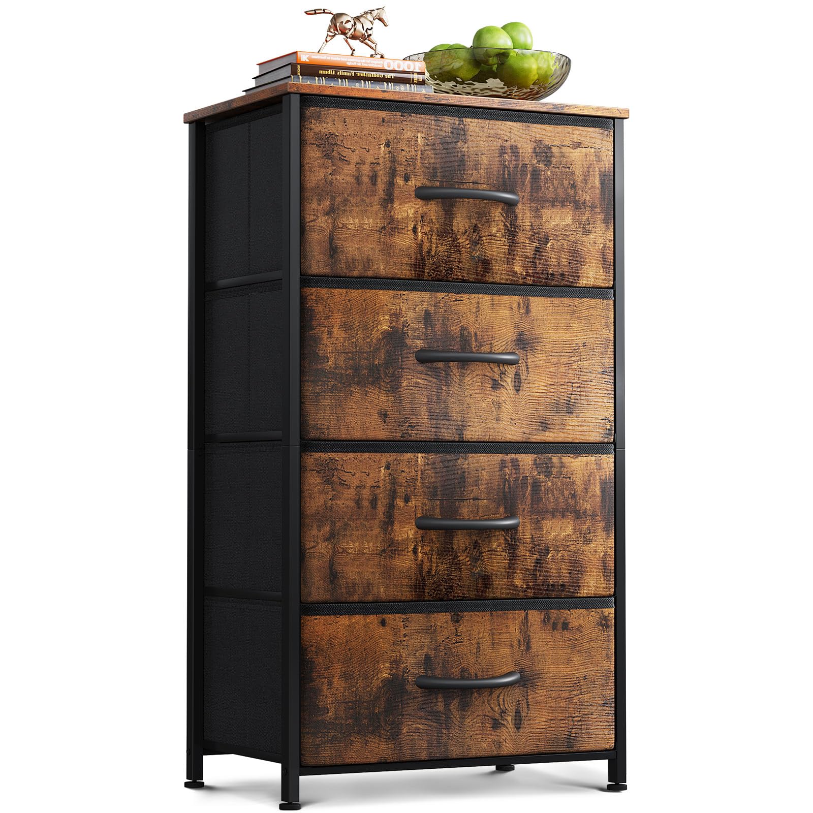 Coleshome Vintage Commode Chambre Adulte, avec 4 Tissu Tiroirs | Petite Commode Adaptée au Salon, Cadre en Acier Robuste, Plateau en Bois, 40 x 30 x 80cm