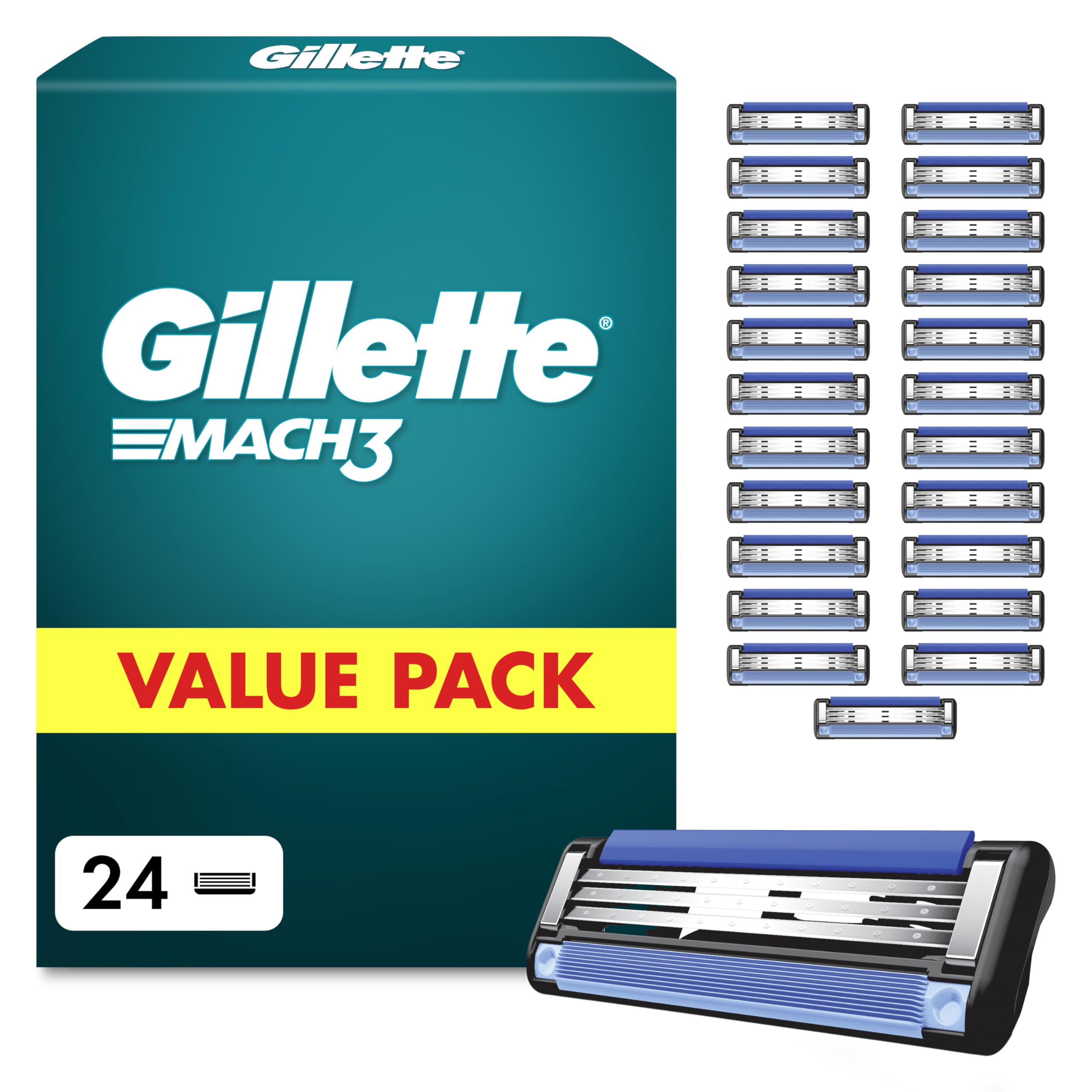 Gillette Lames de Rasoir Homme Mach 3, Pack de 24 | Cartouche avec un Revêtement pour Réduire la Pression sur la Peau, en Acier Inoxydable, 1 Recharge Jusqu’à 15 Rasages
