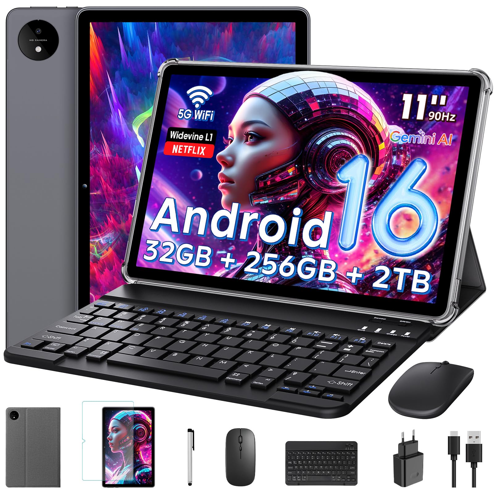 11 Pouces Tactile Android 16 Tablette avec Gemini AI|T7250 Octa-Core| 32Go RAM+256Go ROM(TF 2To)| 16MP+8MP|1920x1200 IPS HD Display|Certifié Widevine L1|GPS|8000mAh|5G WiFi|Clavier+Souris+Coque (Gris)