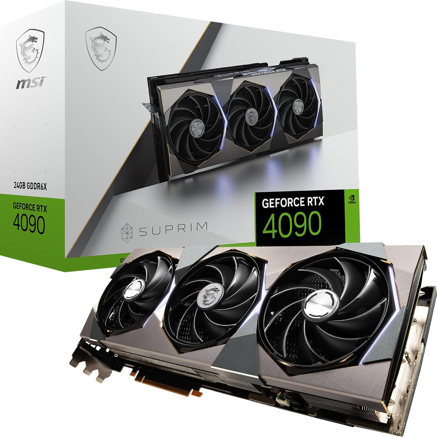 MSI GeForce RTX 4090 SUPRIM X 24G Carte Graphique - 24 Go GDDR6X (21 Gbps / 384 Bits), PCIe 4.0 - TRI FROZR 3S (3 x Ventilateurs TORX 5.0), Modes Gaming & Silence, RGB - HDMI 2.1a, DisplayPort 1.4a