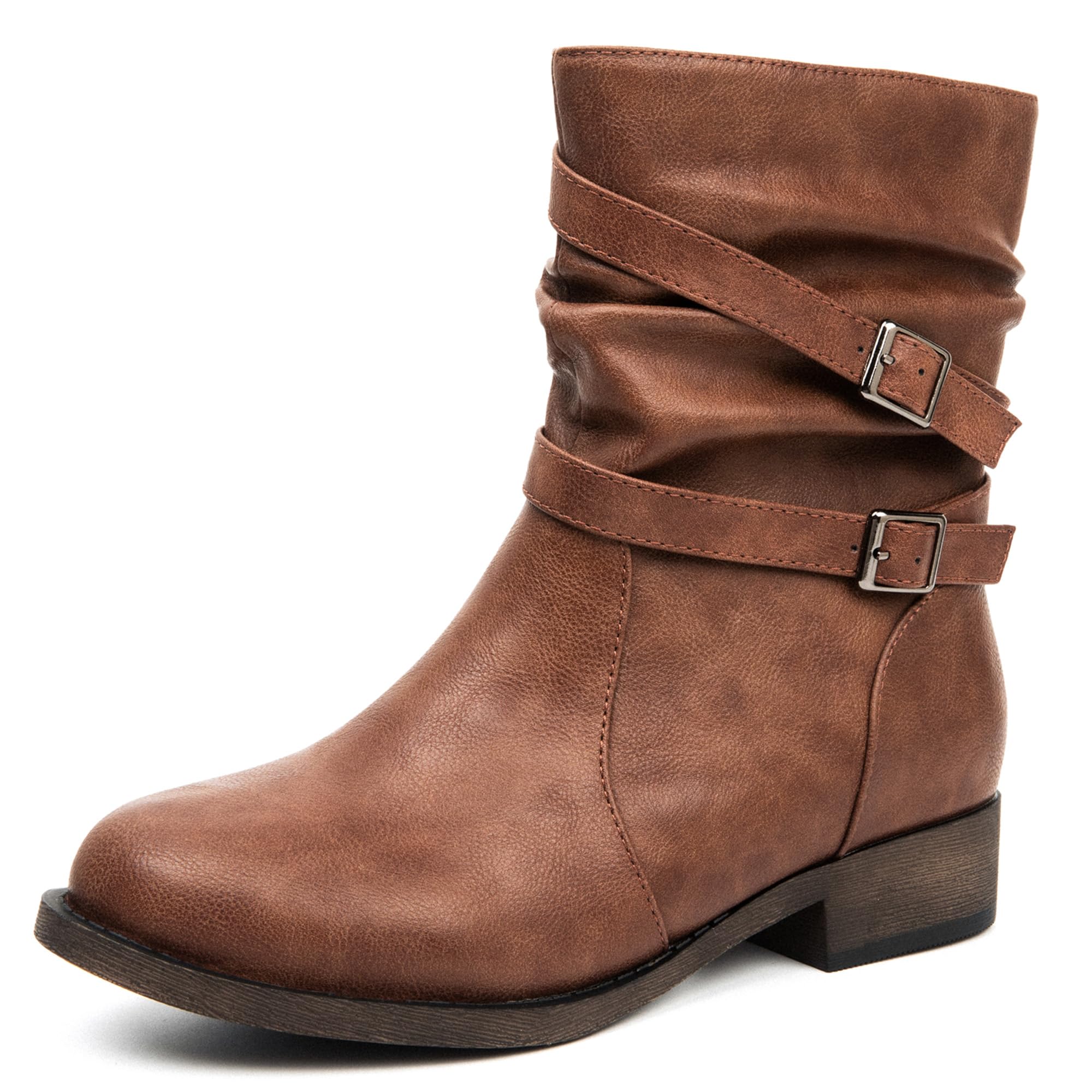 Ataiwee Bottes Femme mi-Mollet Plates, Zip Style Moto | À bout rond, Style Western et Moto, Talon Bas de 1,26 Pouces, Mollet Large, Confectionnées en Simili-cuir