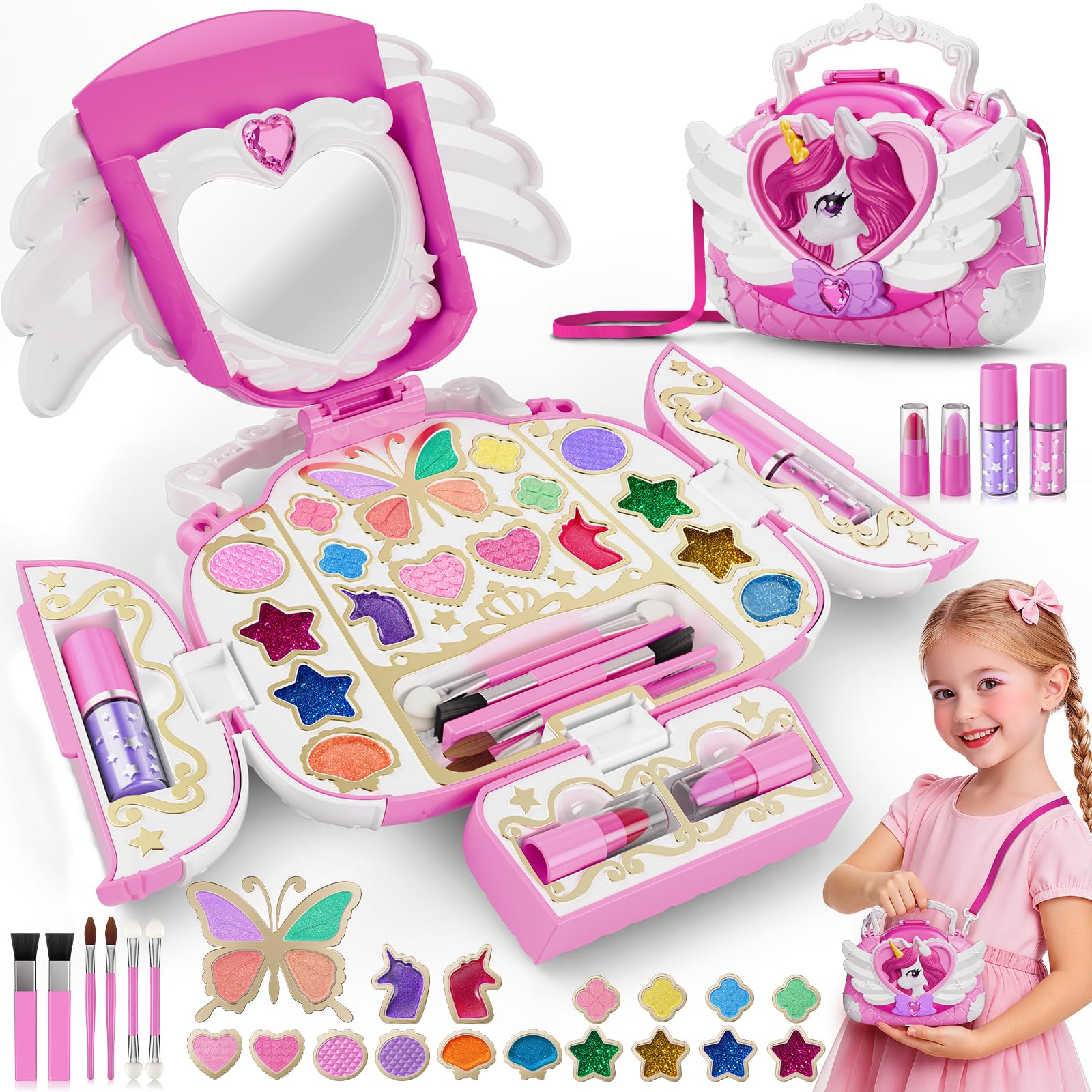 Kit de Maquillage Enfant 3-12 ans Licorne Jouet Filles, Non Toxique Lavable Coffret Maquillage Enfant avec Miroir et Sangle, Jouet de Princesse Cadeau de Noël Anniversaire Fille 4 5 6 7 8 9 10 11 ans