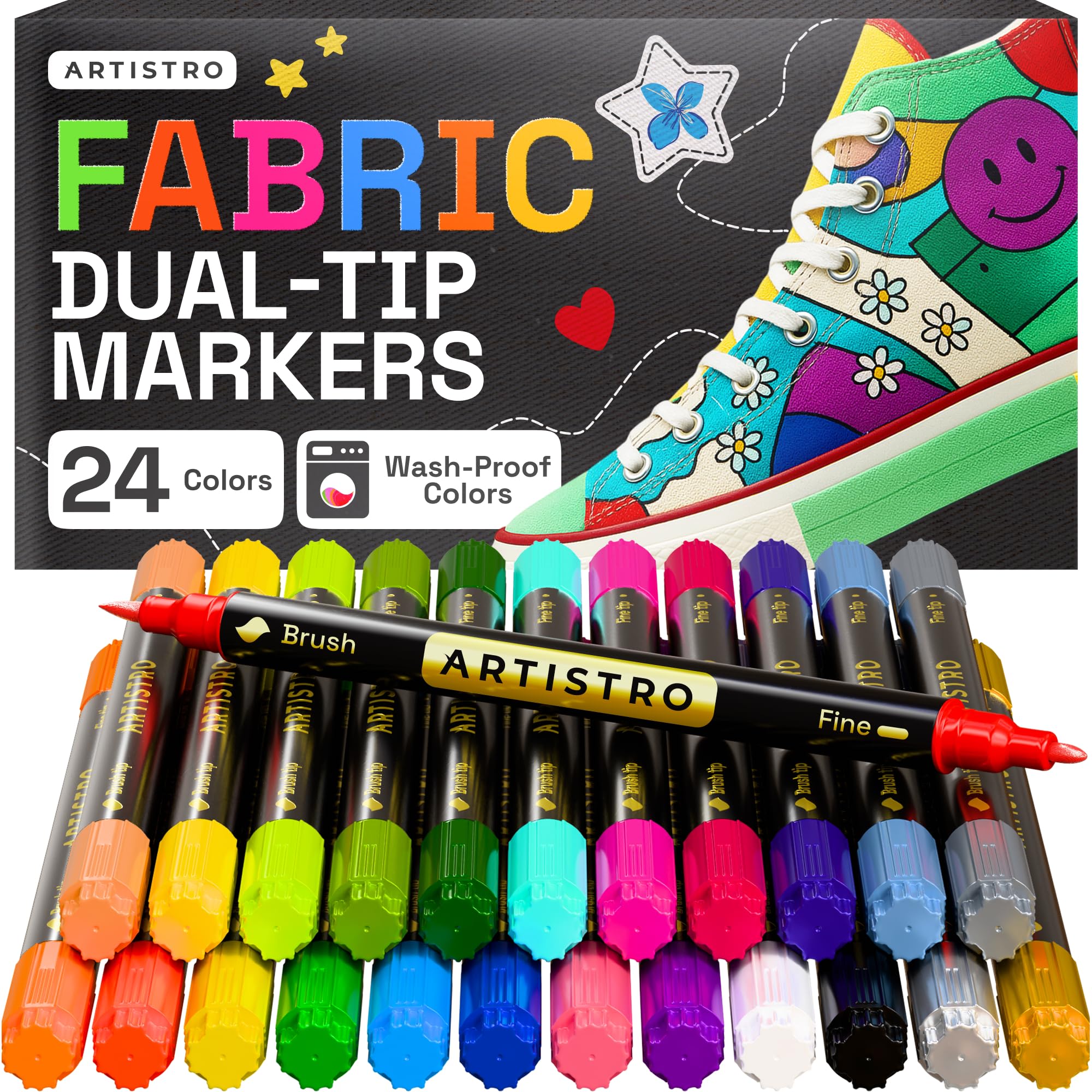Artistro 24 Marqueurs Tissus Double Pointe - Kit de Décoration Textile - Permanent pour Vêtements - Stylos Sans Bavure pour T-Shirts, Sacs, Textile, Toile et Plus (Pointe Pinceau et Pointe Fine)