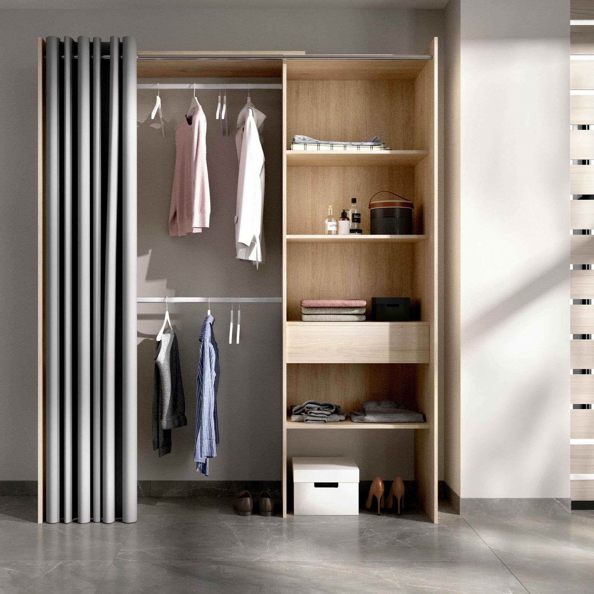 Dmora - Grande Garde-Robe Wetterhorn, Structure pour Dressing avec Rideau, Cintre Ouvert, 160x50h205 cm, Chêne