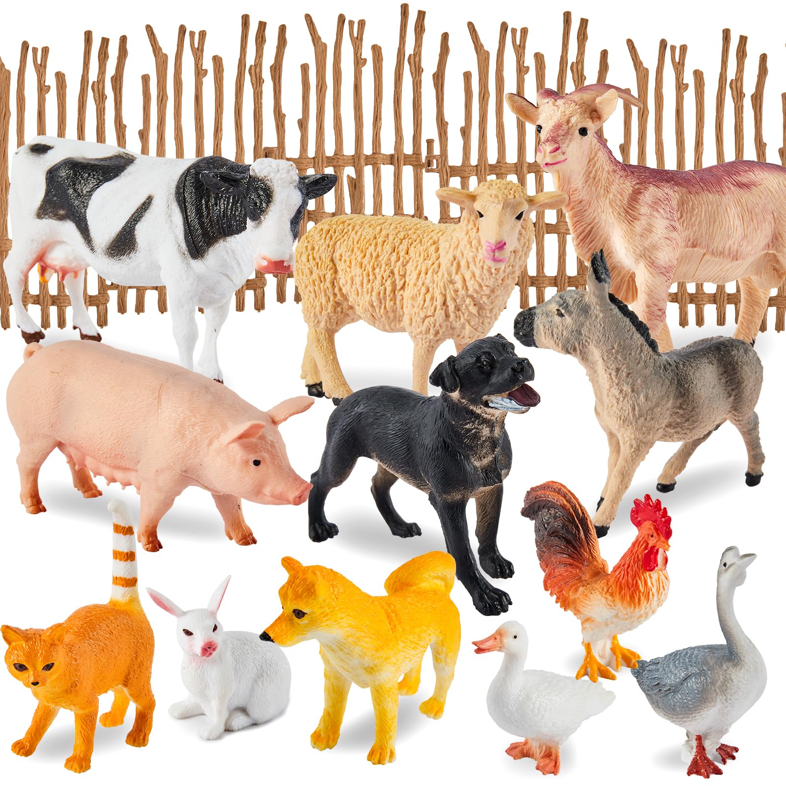 BUYGER 12 PCS Figurines d'animaux de la Ferme Réalistes et Grandes | Clôture à Monter, Jouet Éducatif pour Enfants, Cadeau pour Filles et Garçons 3 4 5 6 Ans, Jeu d'Imitation et d'apprentissage