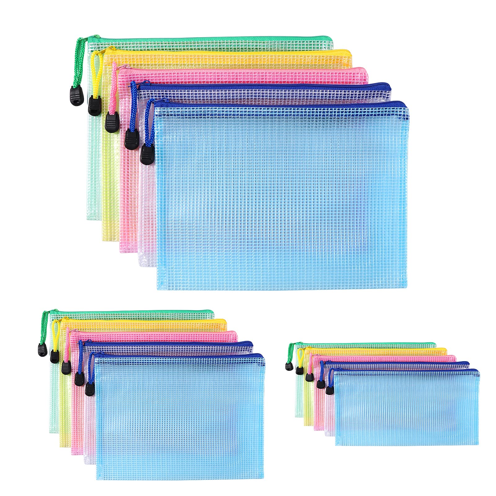 Oderra Pochette Plastique A4+A5+A6, 15PCS Pochette Zippée, 5 Couleurs | PVC Mesh Zipper Pouch Document Wallet, Ranger Papiers petits Objets des Fournitures,Cosmétiques et Accessoires de Voyage