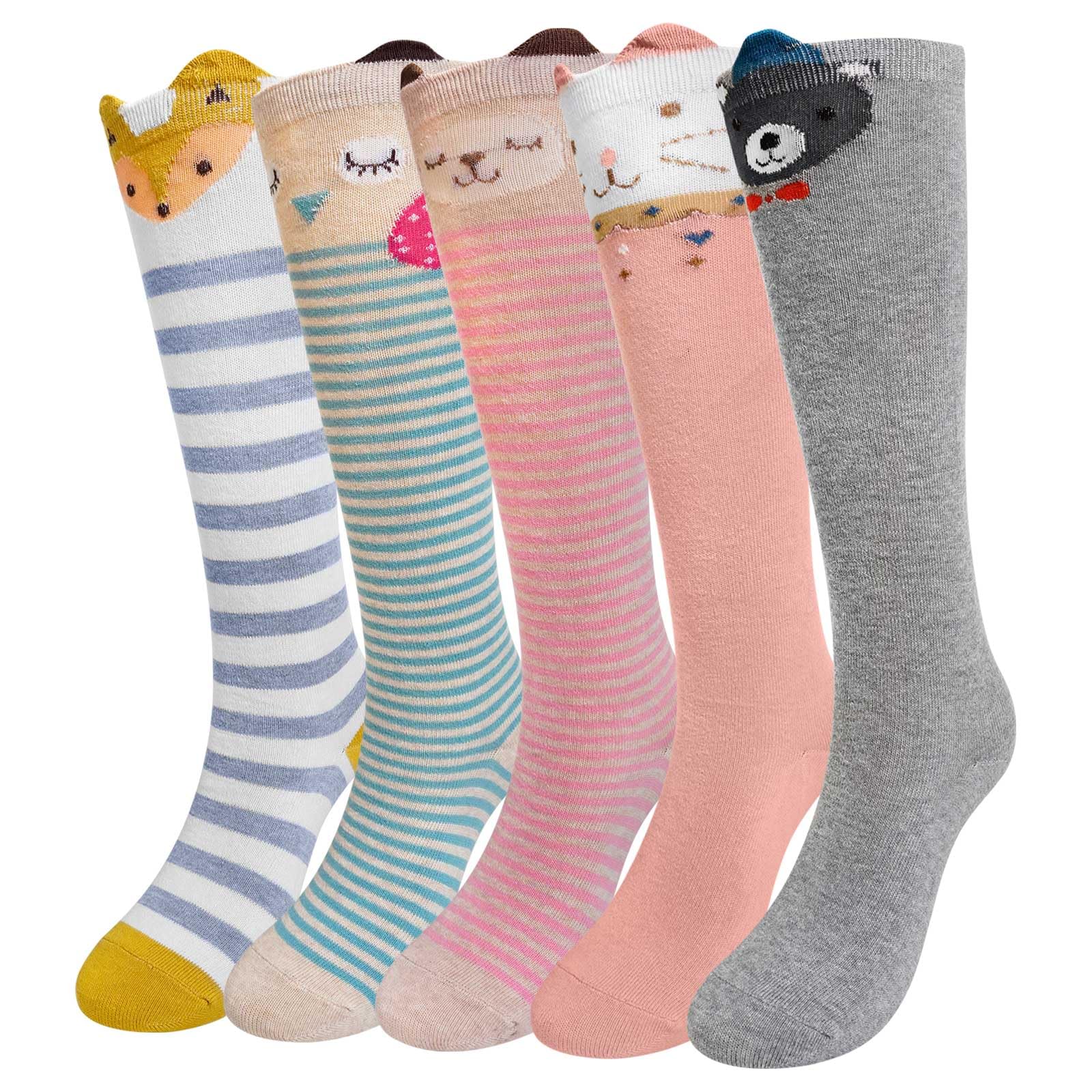 ZFSOCK Chaussette Haute Fille Enfant: Chaussettes Longues au Genou Sans Couture En Coton - Rayées Animaux Colorées Respirantes Pour Filles 2-12 Ans Cadeau Anniversaire Noël 5 Paires Taille 23-38