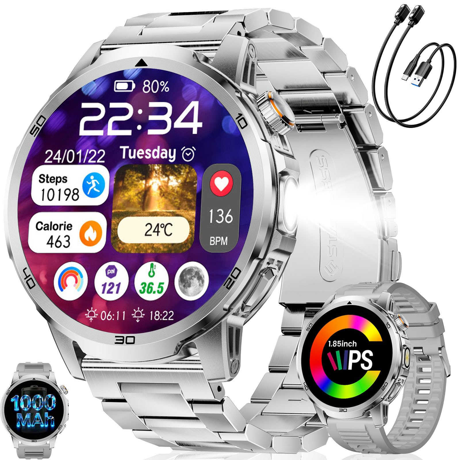 1,85'' Montre Connectée Homme Militaire - Appel Bluetooth, 1000mAh, Torche | Grande Écran, 100+ Sportmodi, IP68 Étanche, Fréquence Cardiaque, Moniteur de Sommeil, Montre de Fitness pour iOS Android