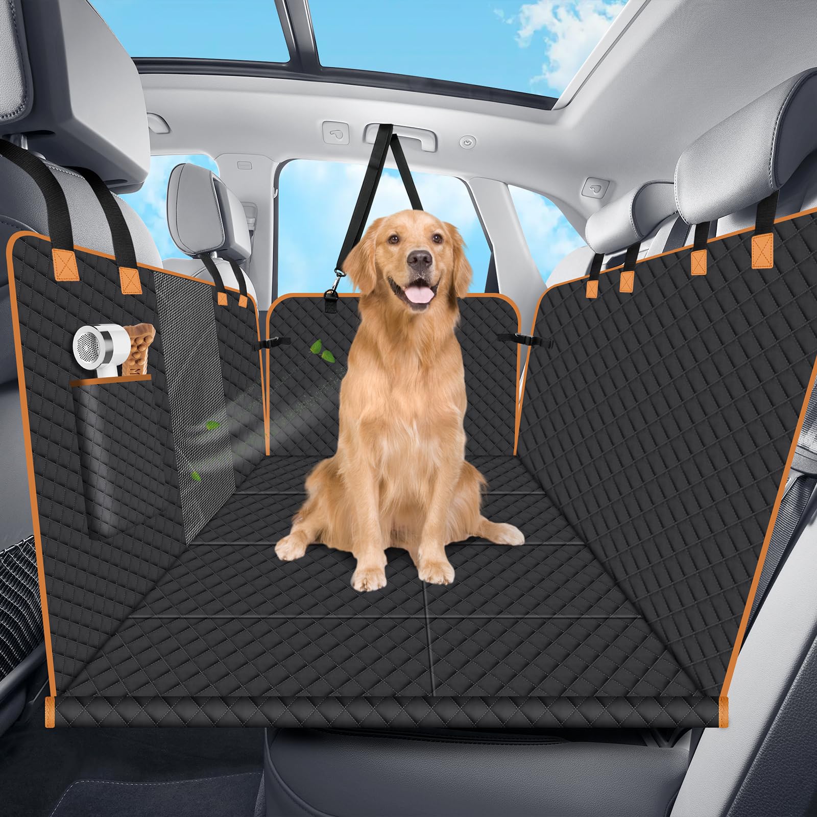 Lekespring Protection Voiture Chien Renforcée, Housse Siège Arrière, Noir | Housse universelle imperméable et anti-rayures avec 4 planches rigides, fenêtre en maille et poche de rangement
