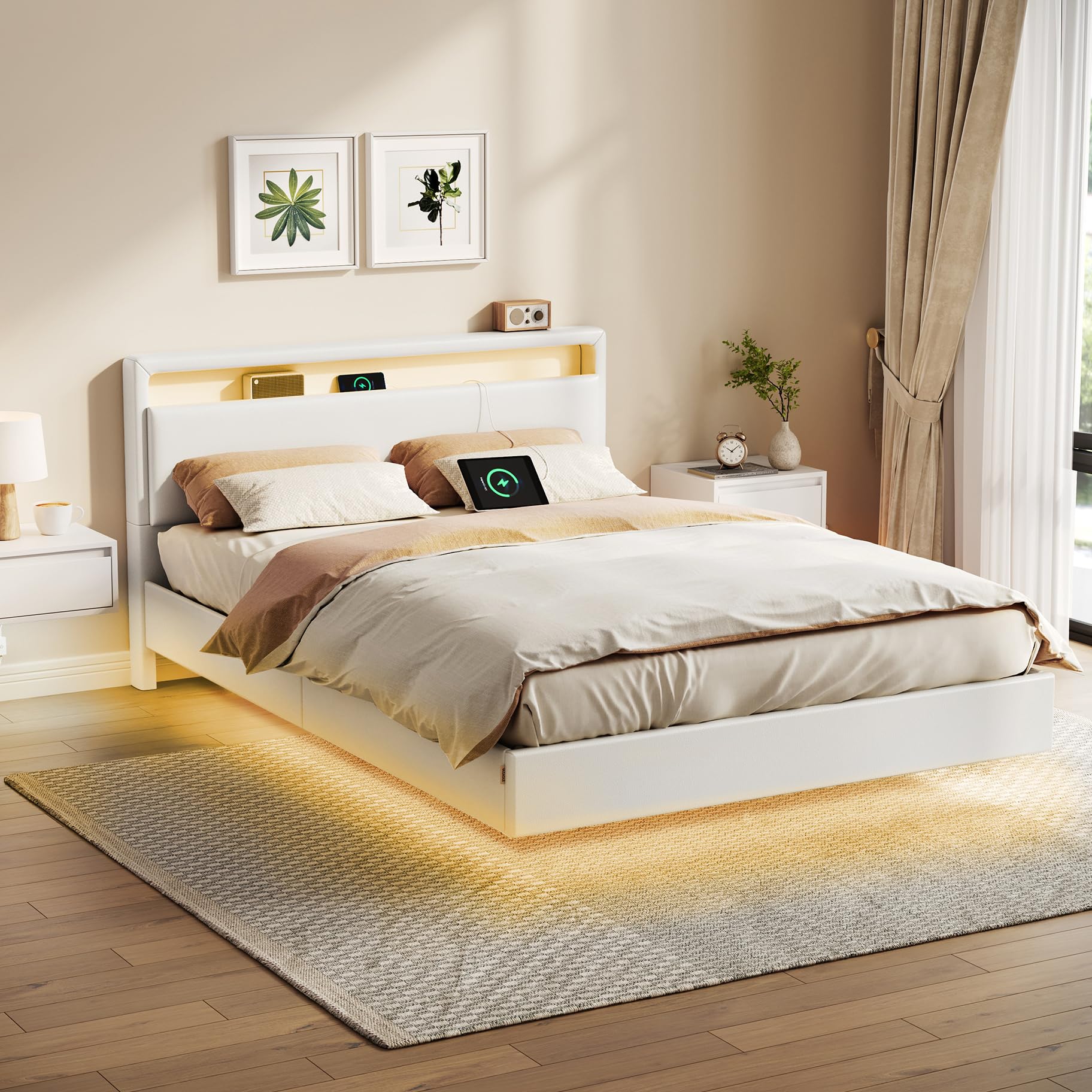 VASAGLE Lit Double, Cadre de Lit, 140 x 190 cm, avec Éclairage LED | Lit Flottant, Tête de Lit Haute, Multiprise, Style Moderne, Blanc nuage et Noir mat, Collection KACY RMB863W01