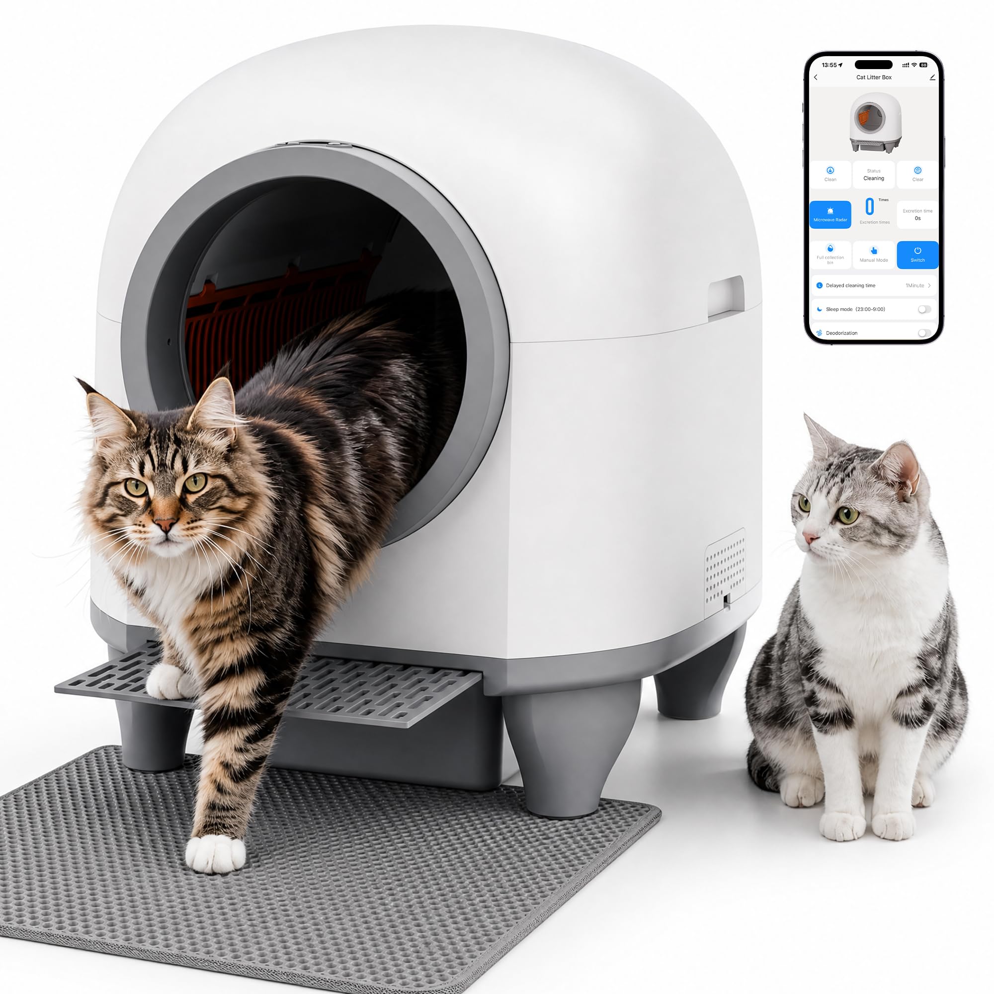 TRIUMPHKEY Litiere Chat Autonettoyante, 90L XXL, App, Capteurs Multiples | Litière Automatique pour Chat XXL, Bac à Déchets 8,5L, Entrée Basse, Contrôle des Odeurs et Entretien Modulaire Facile