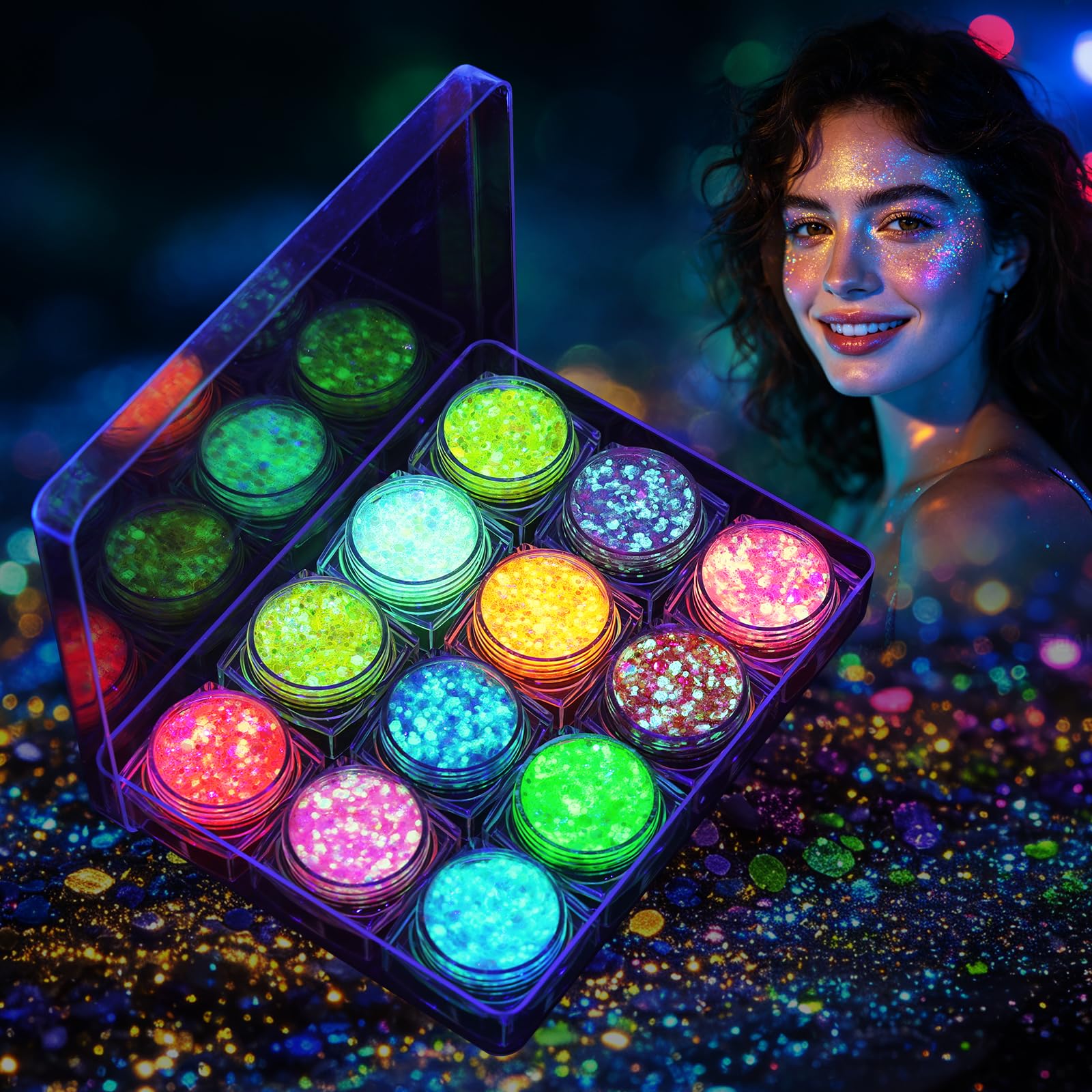 AOOWU 12 Couleurs Festival Paillettes Visage, Fluorescent Paillette Gel | Gel Scintillant Corps Cheveux Maquillage, Paillettes Corps pour Adultes Fête Masquerade Halloween Noël Maquillage Carnaval
