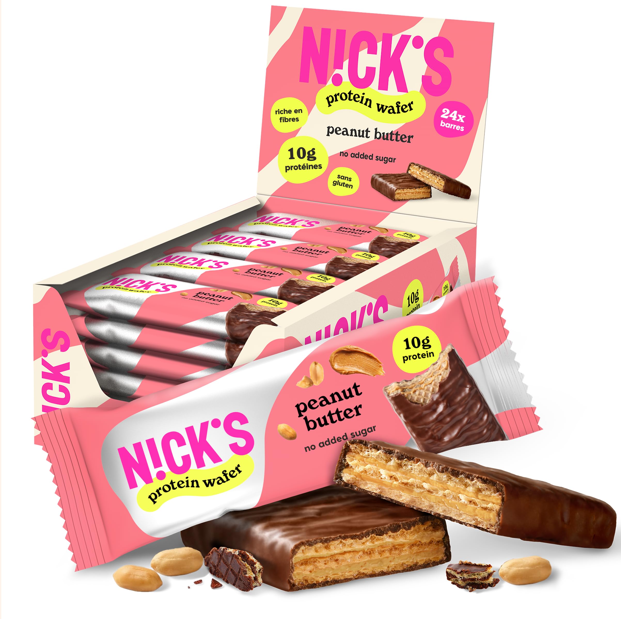 N!CK'S Barre protéinée Sans Sucres Ajoutés, Gaufrettes proteinées, Beurre de cacahuète Biscuits Lowcarb, Sans Gluten | 25% de protéines | 203 calories | Peanut Butter, 40 g X 24
