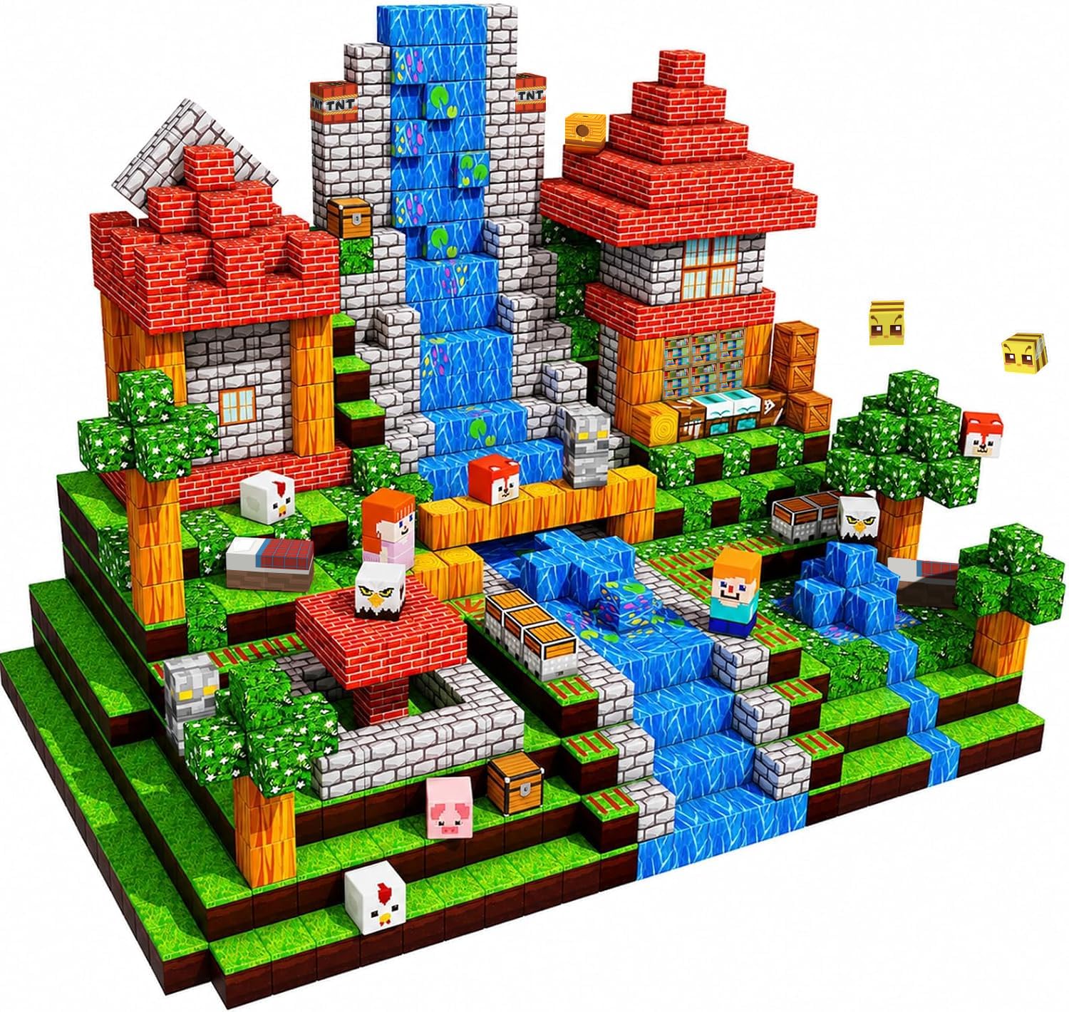Bloc de Construction Magnétique 200PCS, Thème Prairies, Animaux et Rivières | Cube Magnétique Jouet de Construction Montessori pour Garçons et Filles Cadeaux STEM pour Enfants de 3-9 Ans Magnetic Blocks